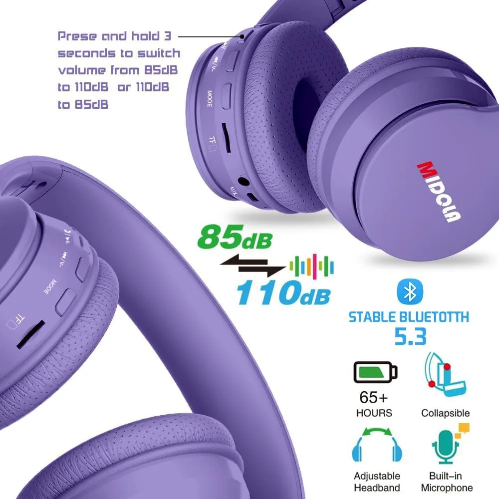 MIDOLA Kids Headphones Bluetooth 5.3 Wireless 60H Play Time Volume Limit 85/110dB Over Ear Foldable Protection Headset/Wired AUX Cord Mic for Boy Girl Travel School Phone Pad Tablet Light Purple