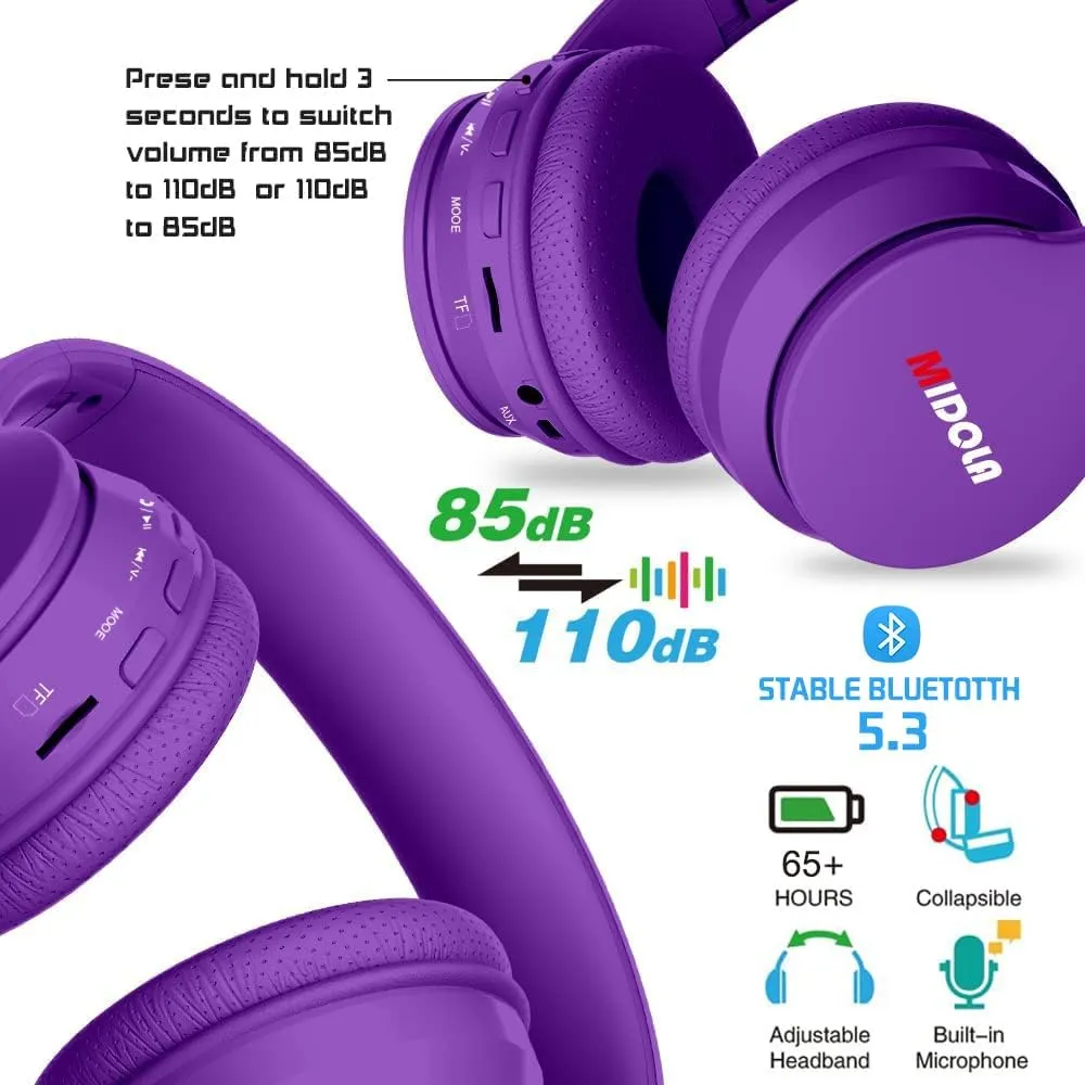 MIDOLA Kids Headphones Bluetooth 5.3 Wireless 60H Play Time Volume Limit 85/110dB Over Ear Foldable Protection Headset/Wired AUX Cord Mic for Child Boy Girl Travel School Phone Pad Tablet Purple