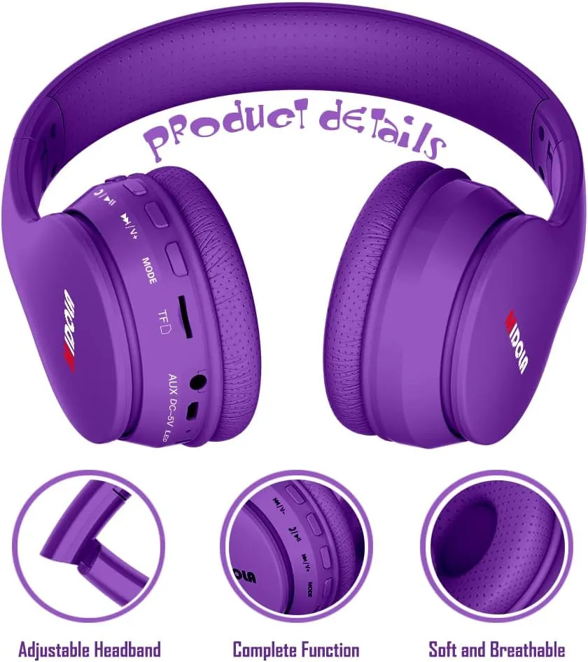 MIDOLA Kids Headphones Bluetooth 5.3 Wireless 60H Play Time Volume Limit 85/110dB Over Ear Foldable Protection Headset/Wired AUX Cord Mic for Child Boy Girl Travel School Phone Pad Tablet Purple