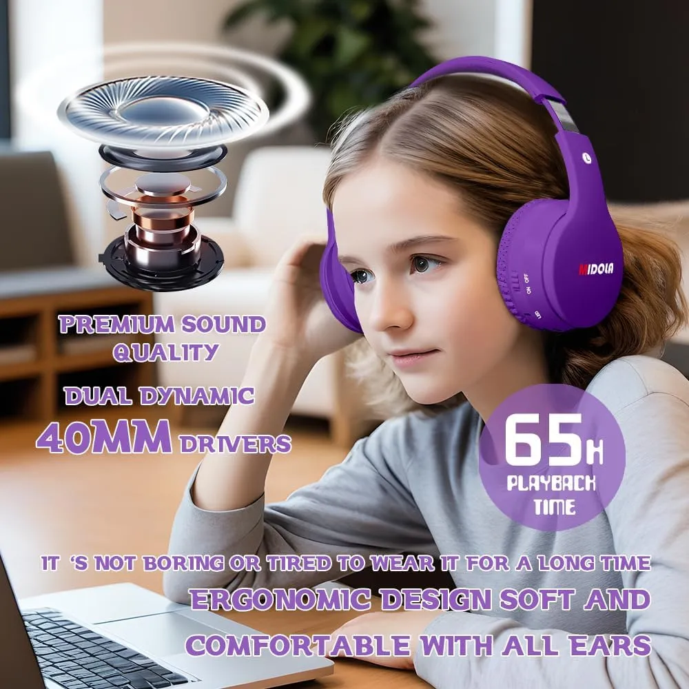 MIDOLA Kids Headphones Bluetooth 5.3 Wireless 60H Play Time Volume Limit 85/110dB Over Ear Foldable Protection Headset/Wired AUX Cord Mic for Child Boy Girl Travel School Phone Pad Tablet Purple