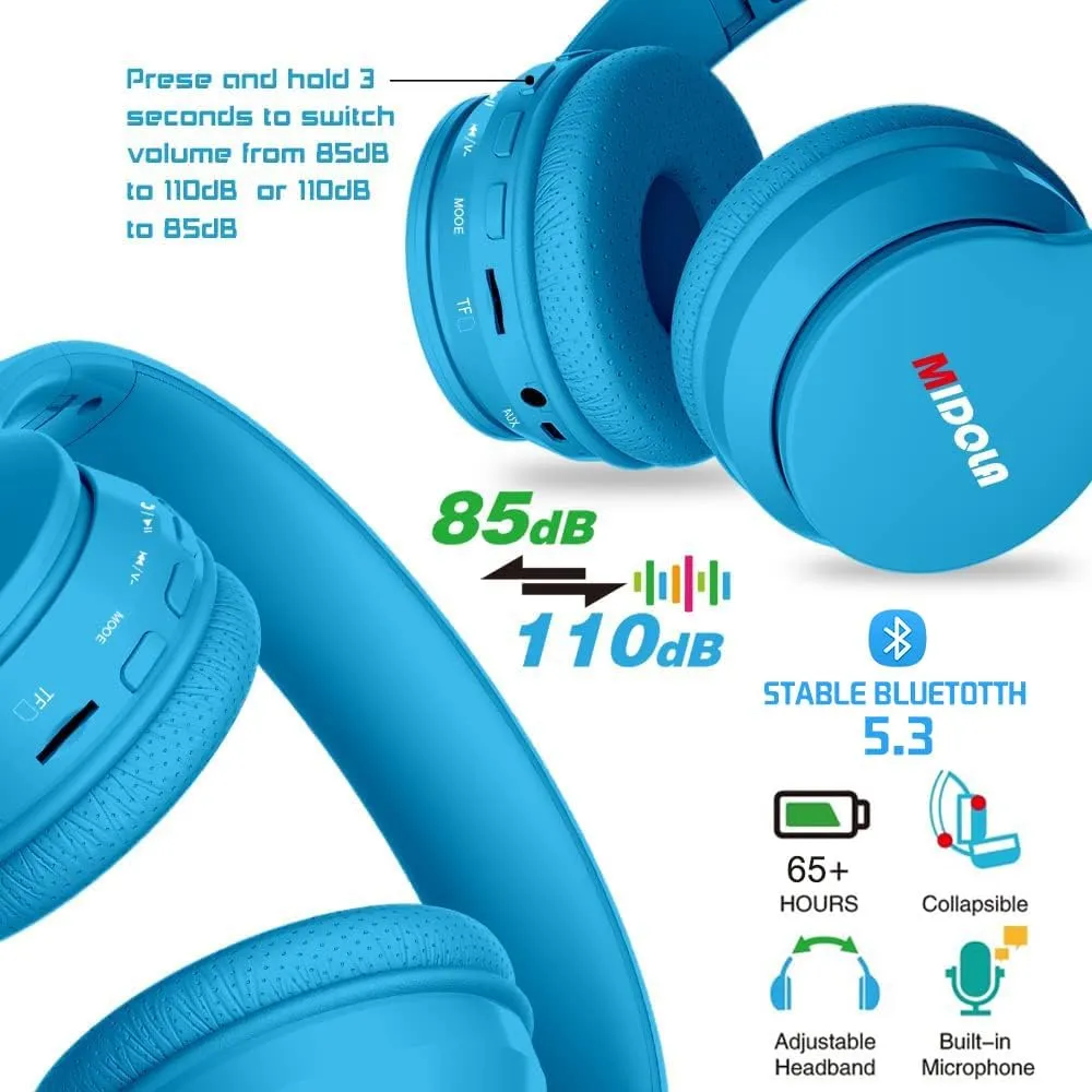 MIDOLA Kids Headphones Bluetooth 5.3 Wireless 60H Play Time Volume Limit 85/110dB Over Ear Foldable Protection Headset/Wired AUX Cord Mic for Children Boy Girl Travel School Phone Pad Tablet Blue