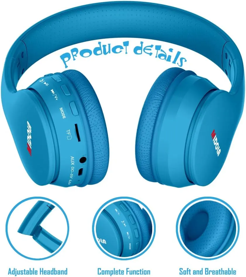 MIDOLA Kids Headphones Bluetooth 5.3 Wireless 60H Play Time Volume Limit 85/110dB Over Ear Foldable Protection Headset/Wired AUX Cord Mic for Children Boy Girl Travel School Phone Pad Tablet Blue