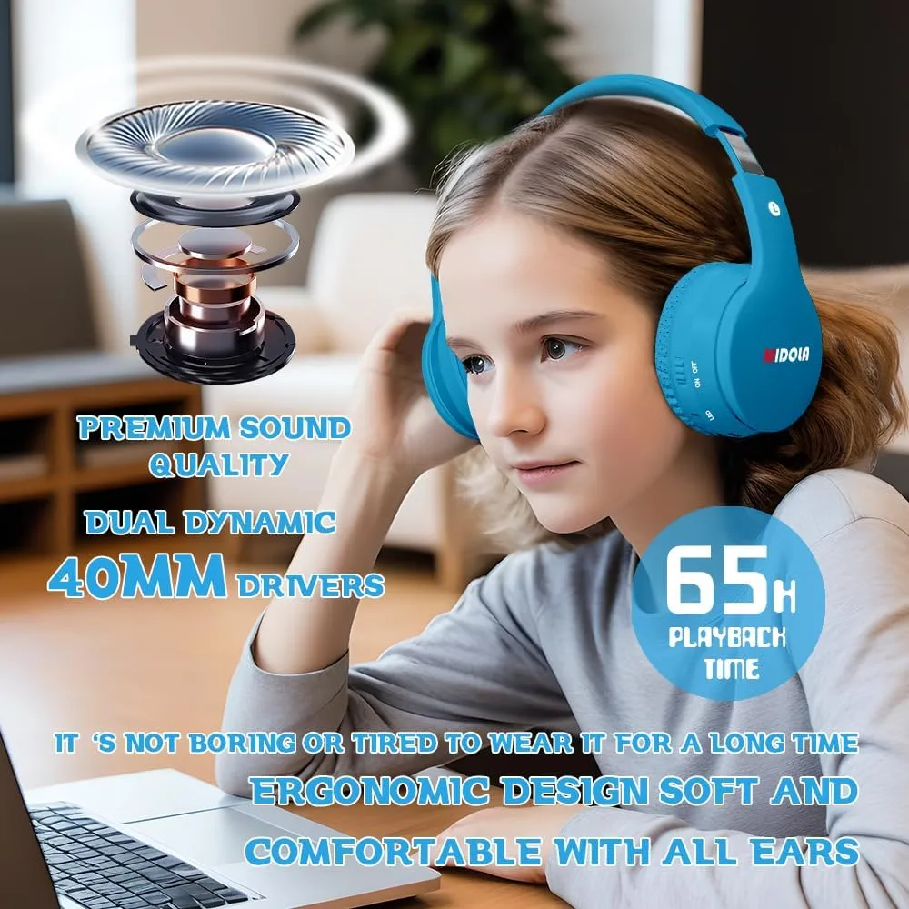 MIDOLA Kids Headphones Bluetooth 5.3 Wireless 60H Play Time Volume Limit 85/110dB Over Ear Foldable Protection Headset/Wired AUX Cord Mic for Children Boy Girl Travel School Phone Pad Tablet Blue