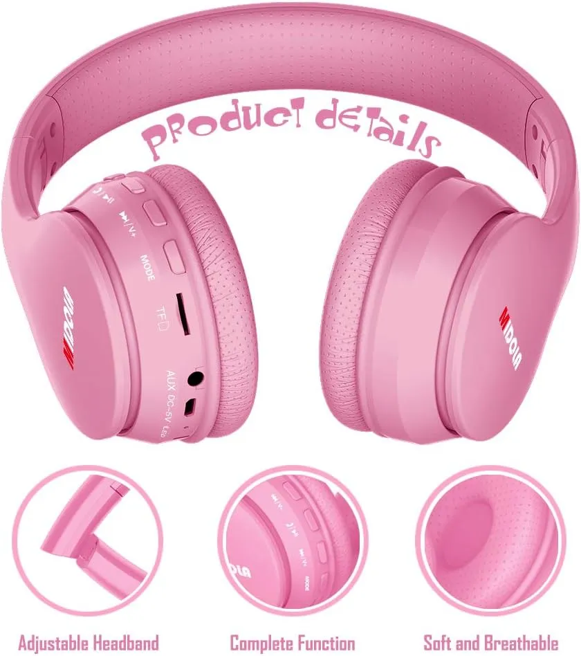 MIDOLA Kids Headphones Bluetooth 5.3 Wireless 60H Play Time Volume Limit 85/110dB Over Ear Foldable Protection Headset/Wired AUX Cord Mic for Children Boy Girl Travel School Phone Pad Tablet Pink