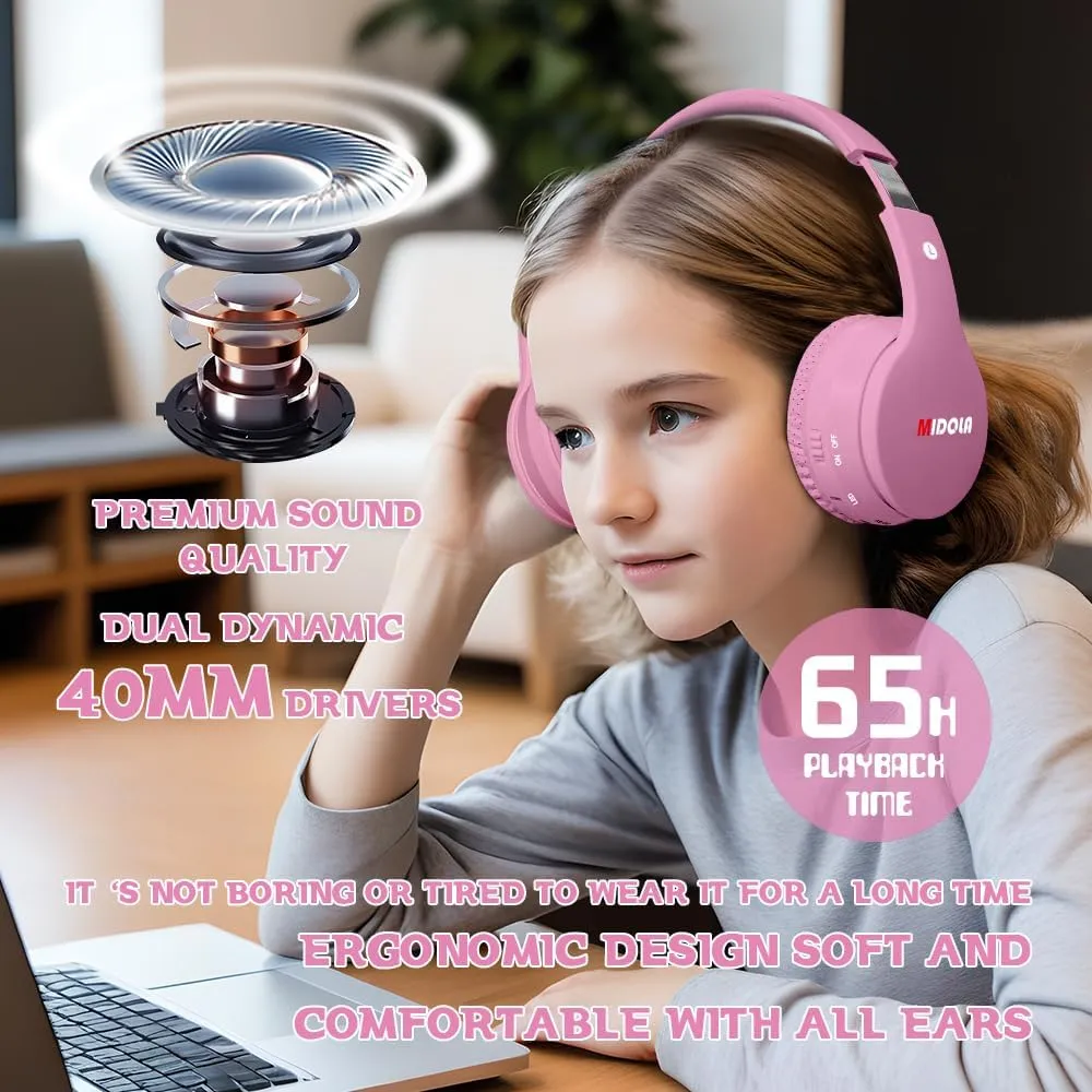 MIDOLA Kids Headphones Bluetooth 5.3 Wireless 60H Play Time Volume Limit 85/110dB Over Ear Foldable Protection Headset/Wired AUX Cord Mic for Children Boy Girl Travel School Phone Pad Tablet Pink