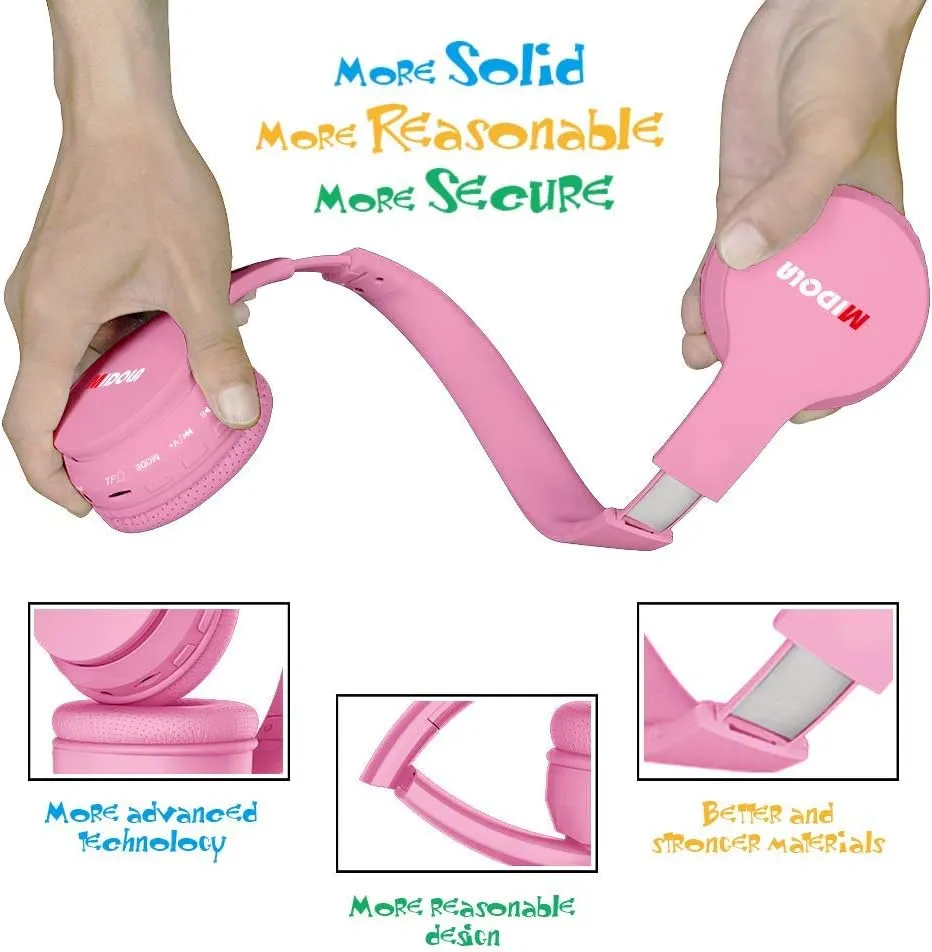 MIDOLA Kids Headphones Bluetooth 5.3 Wireless 60H Play Time Volume Limit 85/110dB Over Ear Foldable Protection Headset/Wired AUX Cord Mic for Children Boy Girl Travel School Phone Pad Tablet Pink