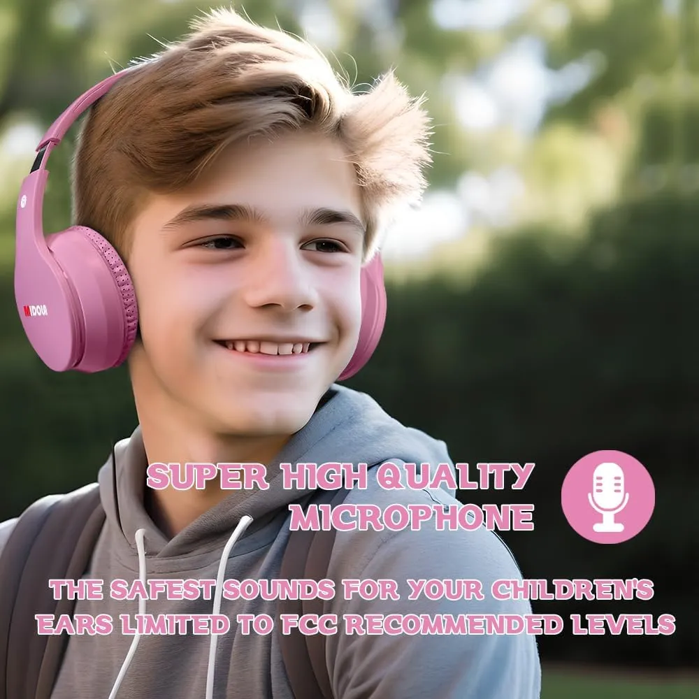 MIDOLA Kids Headphones Bluetooth 5.3 Wireless 60H Play Time Volume Limit 85/110dB Over Ear Foldable Protection Headset/Wired AUX Cord Mic for Children Boy Girl Travel School Phone Pad Tablet Pink