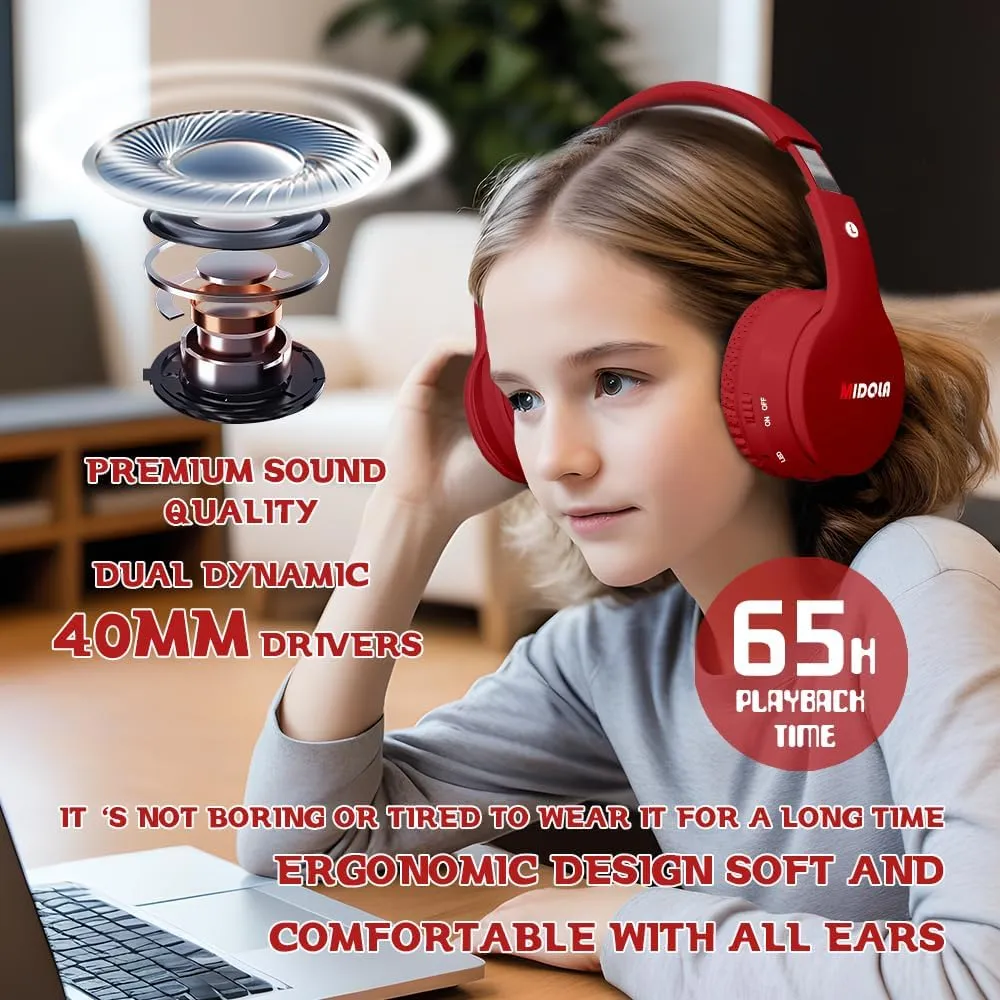 MIDOLA Kids Headphones Bluetooth 5.3 Wireless 60H Play Time Volume Limit 85/110dB Over Ear Foldable Protection Headset/Wired AUX Cord Mic for Children Boy Girl Travel School Phone Pad Tablet Red
