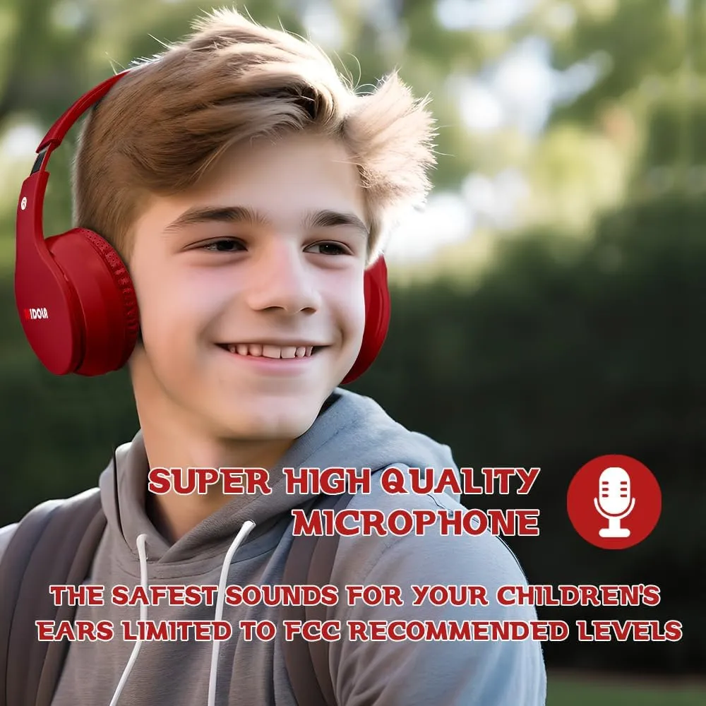 MIDOLA Kids Headphones Bluetooth 5.3 Wireless 60H Play Time Volume Limit 85/110dB Over Ear Foldable Protection Headset/Wired AUX Cord Mic for Children Boy Girl Travel School Phone Pad Tablet Red