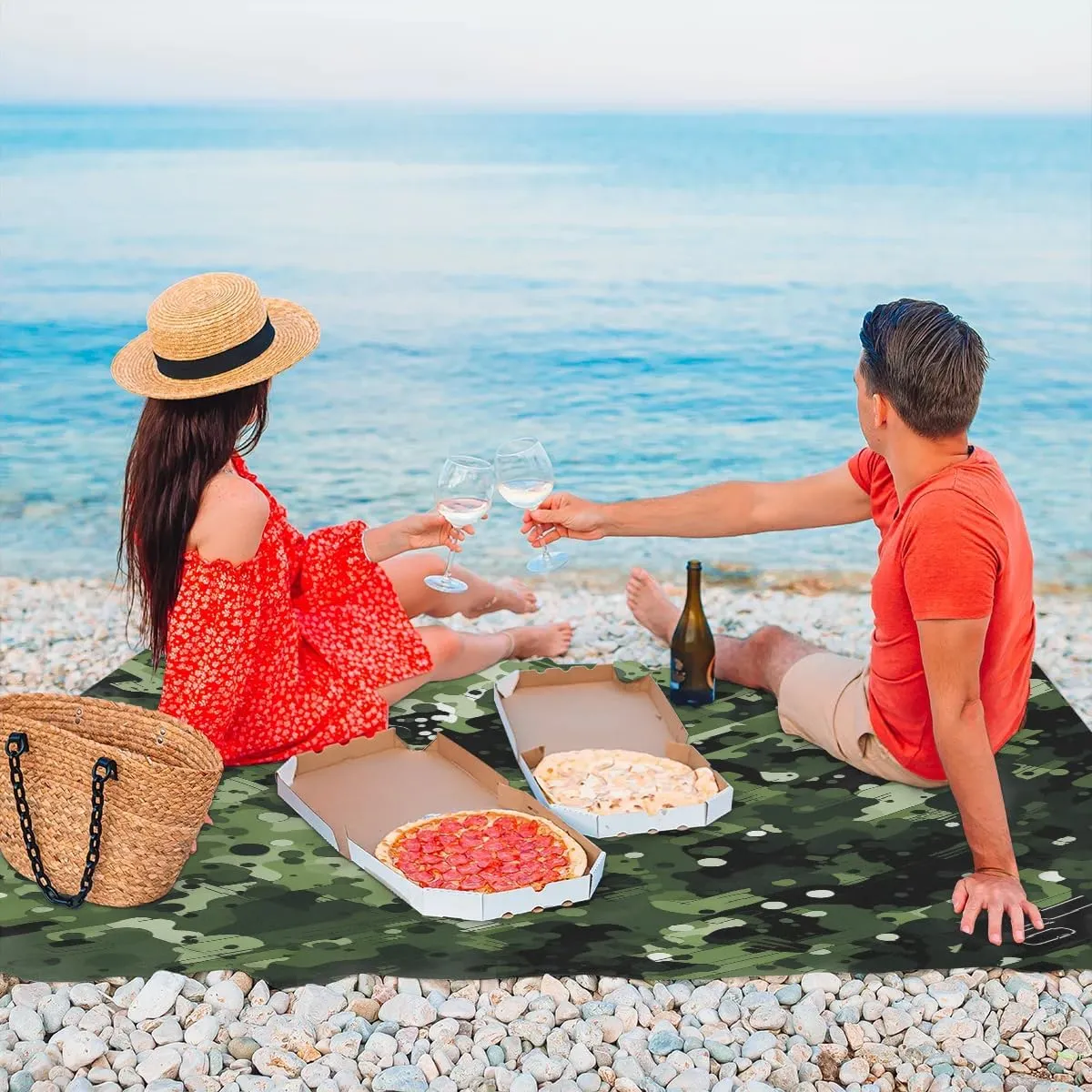 Military Camouflage Beach Blanket, Sandproof Beach Mat, 68 x 59 Waterproof Quick Drying Sand Free Mat with 4 x Ground Spikes for Outdoor Travel Camping Hiking, Camo