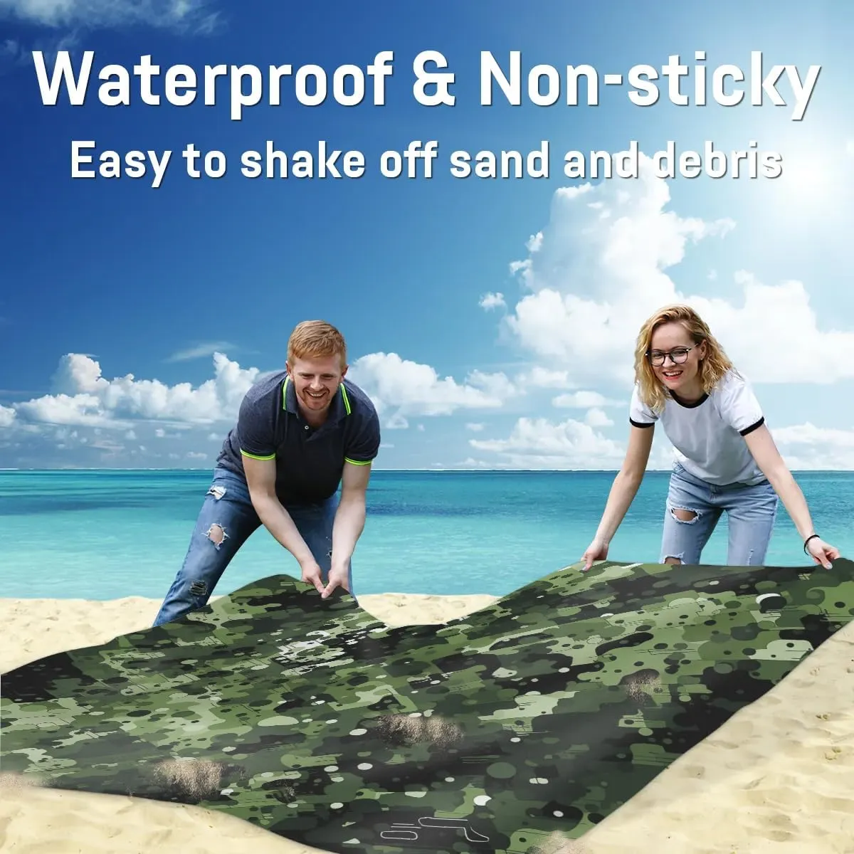 Military Camouflage Beach Blanket, Sandproof Beach Mat, 68 x 59 Waterproof Quick Drying Sand Free Mat with 4 x Ground Spikes for Outdoor Travel Camping Hiking, Camo