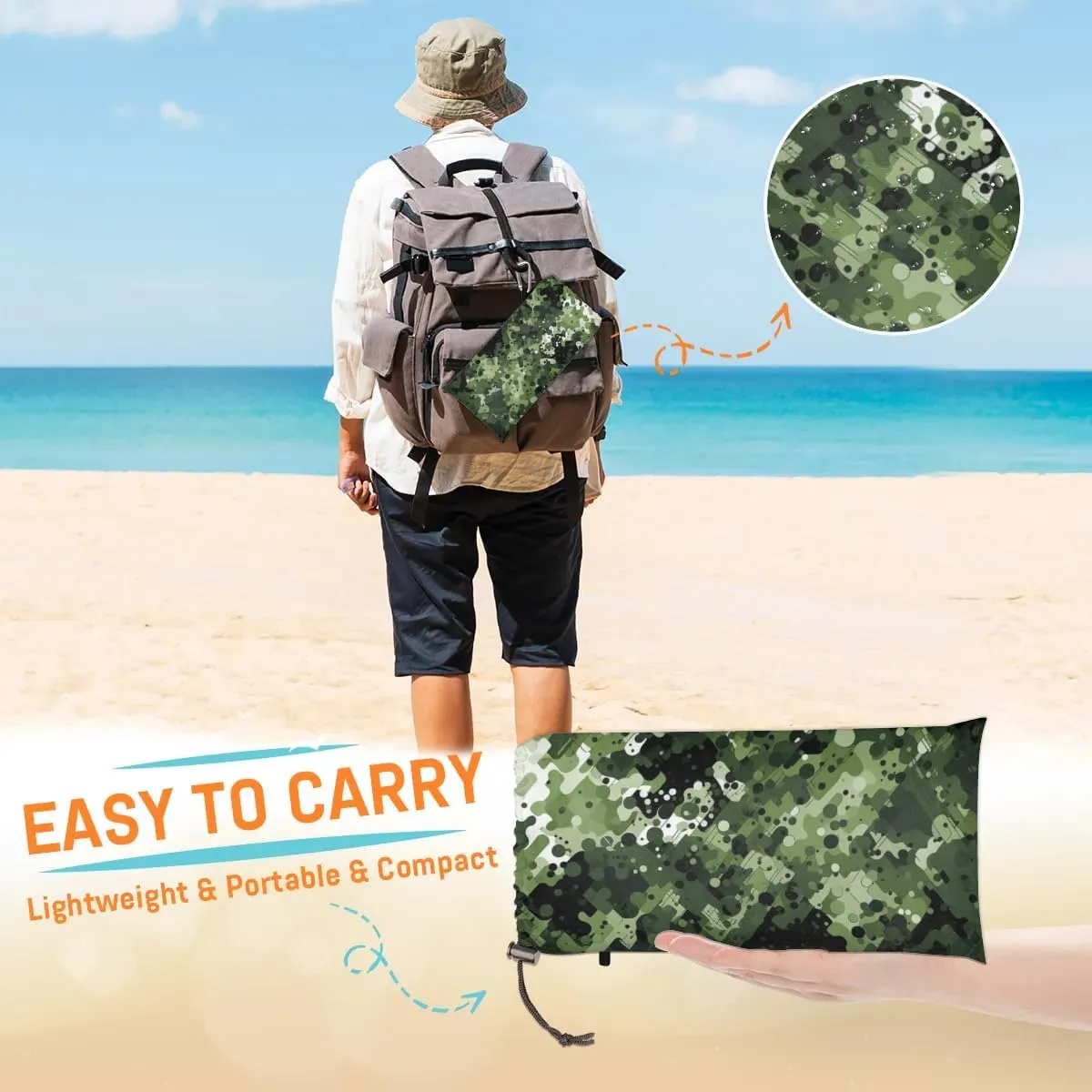 Military Camouflage Beach Blanket, Sandproof Beach Mat, 68 x 59 Waterproof Quick Drying Sand Free Mat with 4 x Ground Spikes for Outdoor Travel Camping Hiking, Camo