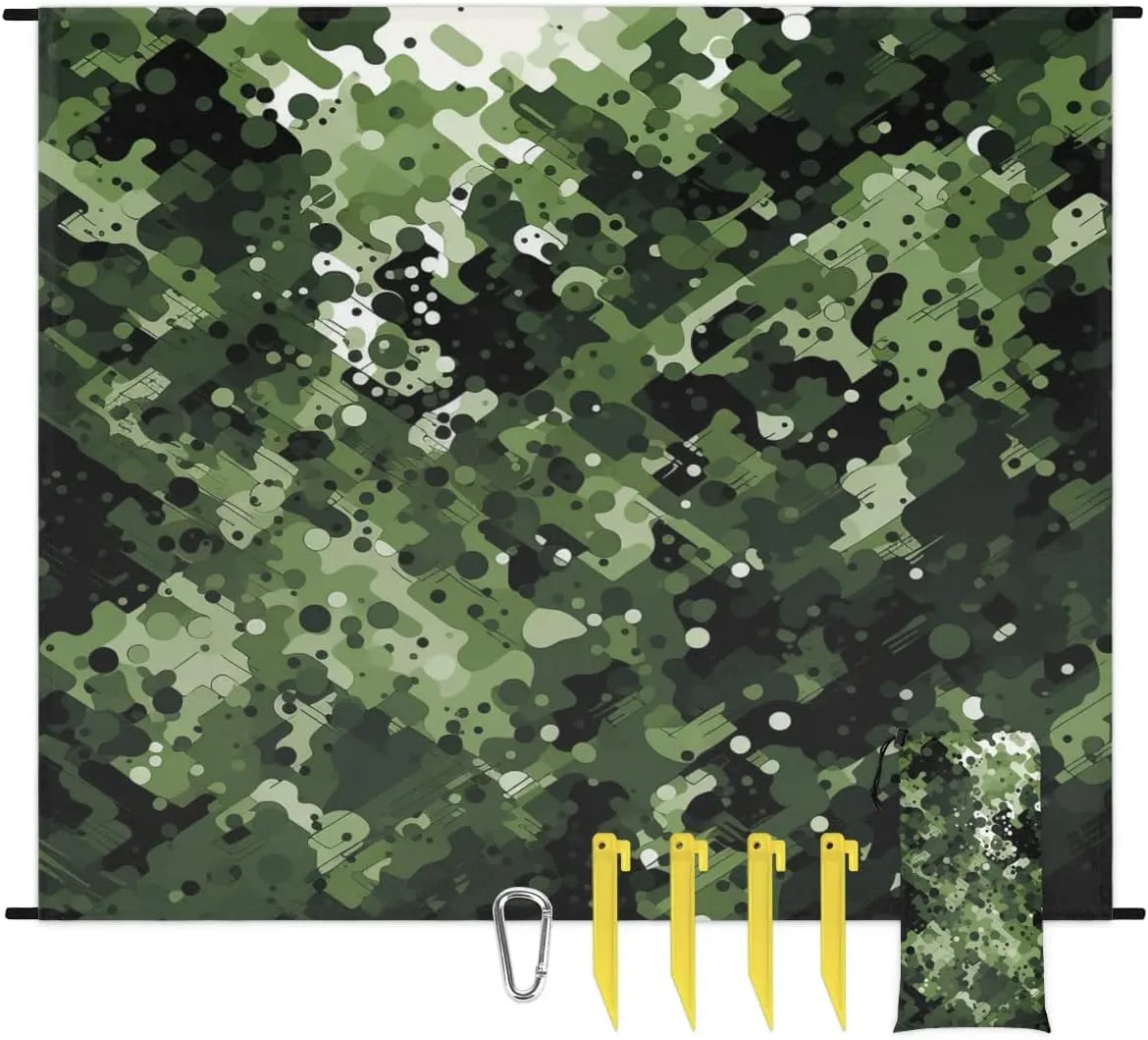 Military Camouflage Beach Blanket, Sandproof Beach Mat, 68 x 59 Waterproof Quick Drying Sand Free Mat with 4 x Ground Spikes for Outdoor Travel Camping Hiking, Camo