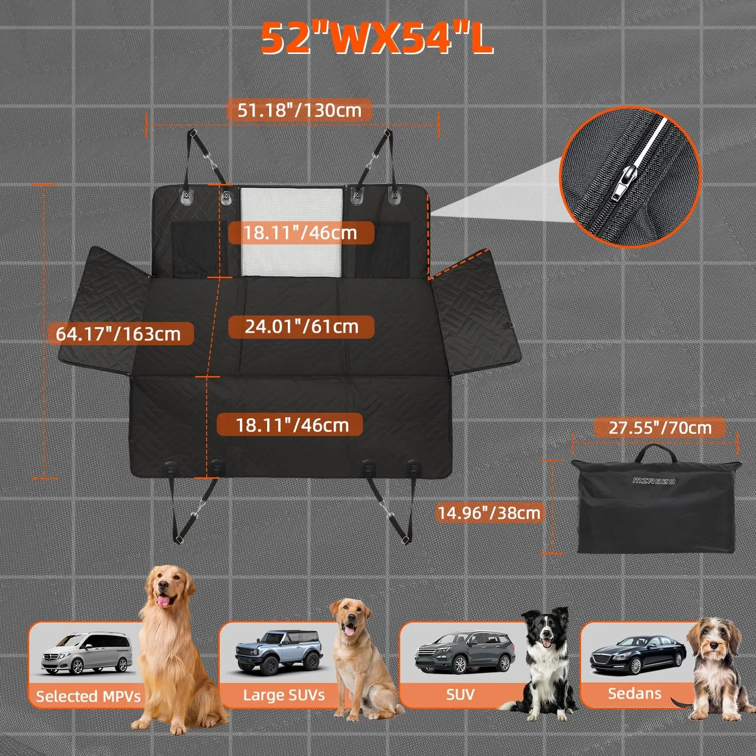 MIROZO Back Seat Extender for Dogs,600D Heavy Durable Dog Seat Cover Car Seat Cover for Back Seat,Waterproof Car Pet Backseat Protector,Large Space Travel Bed with 3-Fold Bottom for Car SUV Truck