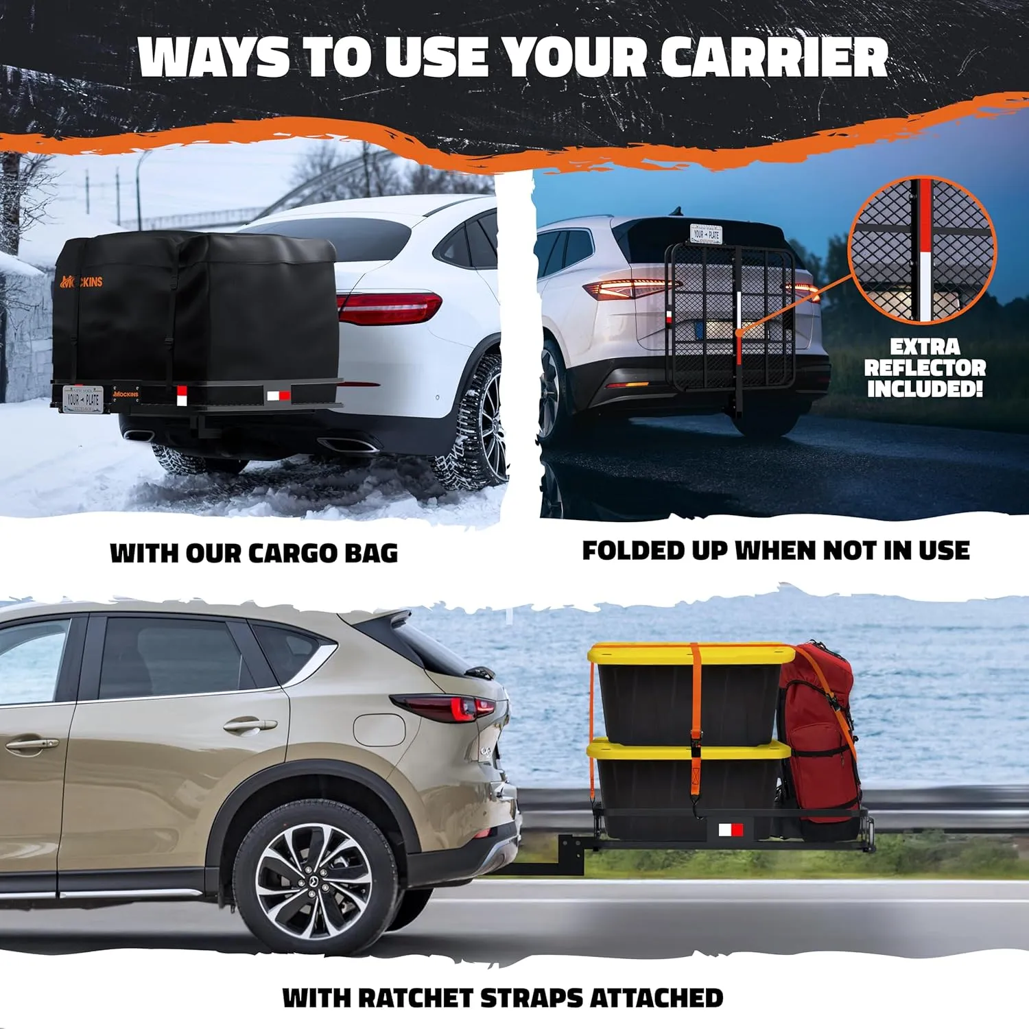 Mockins 40"x40"x6" Square Heavy Duty Trailer Hitch Cargo Carrier w/Plate Bracket | 500Lbs Cap. Folding Luggage Rack for SUV Car Truck Van & RV | 2" Receiver Hitch Cargo Rack w/Car Trailer Accessories