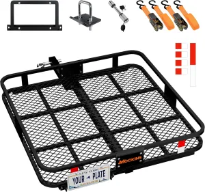 Mockins 40"x40"x6" Square Heavy Duty Trailer Hitch Cargo Carrier w/Plate Bracket | 500Lbs Cap. Folding Luggage Rack for SUV Car Truck Van & RV | 2" Receiver Hitch Cargo Rack w/Car Trailer Accessories
