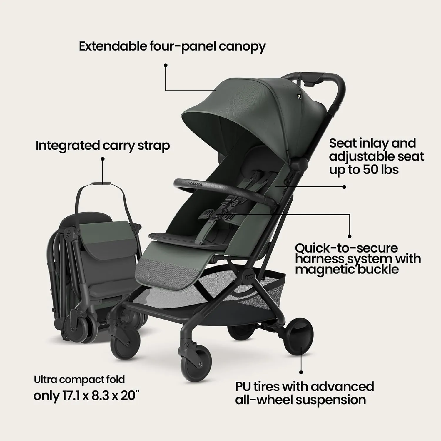 Mompush Velo Lightweight Travel Stroller – One-Hand Fold, Ultra-Compact & Airplane Friendly, Lie-Flat Recline Seat (from Birth to 50 lbs), Includes Cup Holder, Shoulder Strap, and Leather Bumper Bar