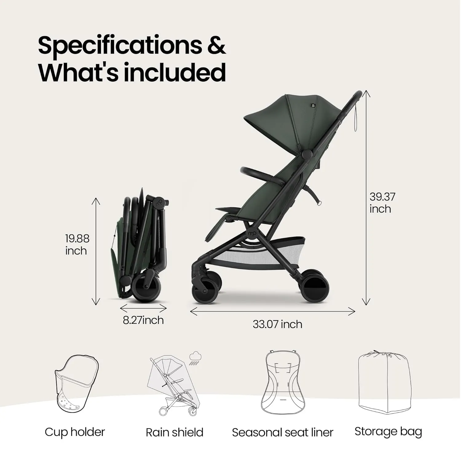 Mompush Velo Lightweight Travel Stroller – One-Hand Fold, Ultra-Compact & Airplane Friendly, Lie-Flat Recline Seat (from Birth to 50 lbs), Includes Cup Holder, Shoulder Strap, and Leather Bumper Bar