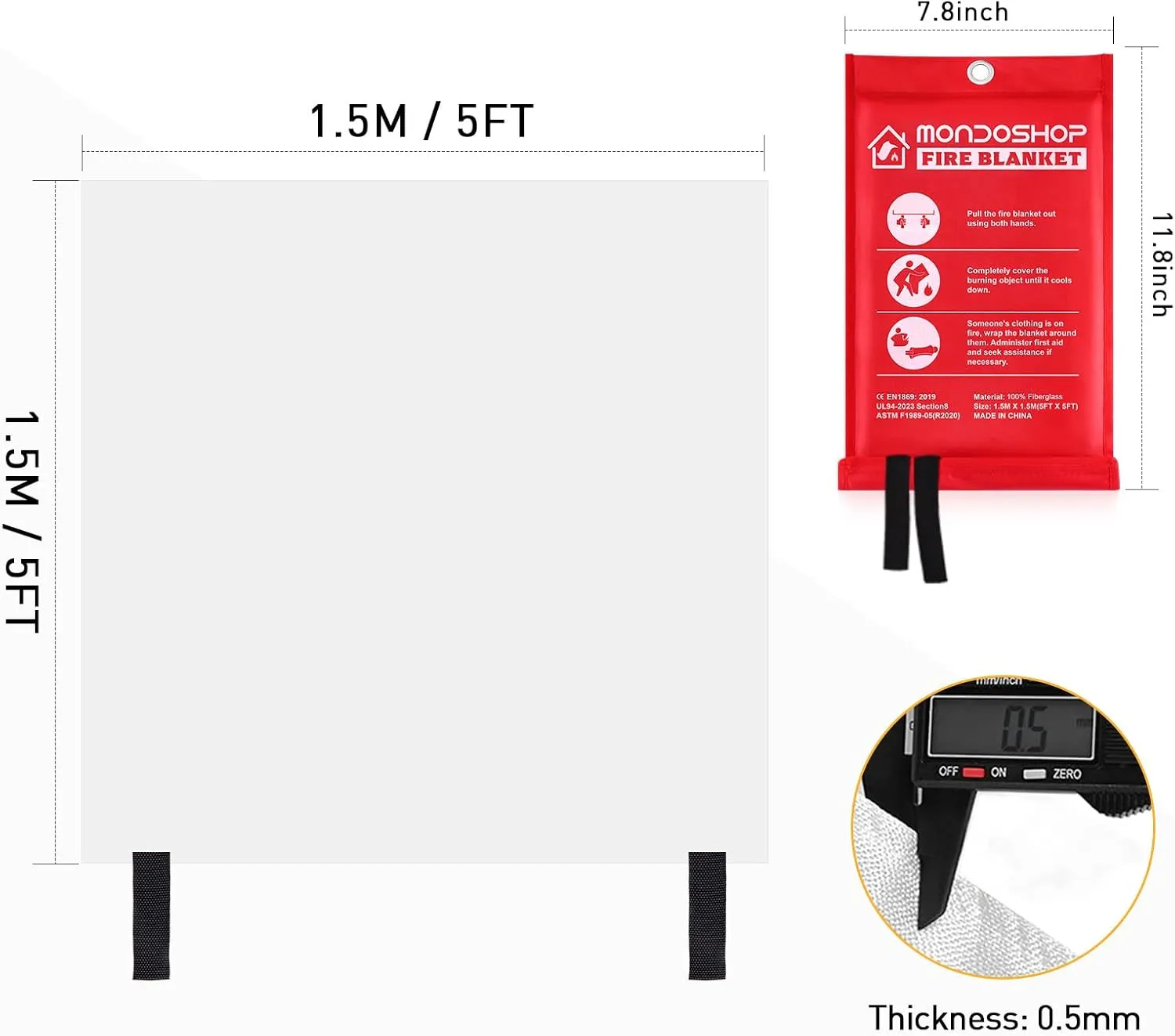 Mondoshop Fire Blanket Emergency for Home and Kitchen - 2 Pack 60"x60" Fire Blankets Fire Resistant Blanket for Camping, Grill, Car, Office, Warehouse, School, Picnic, Garages, Workshops