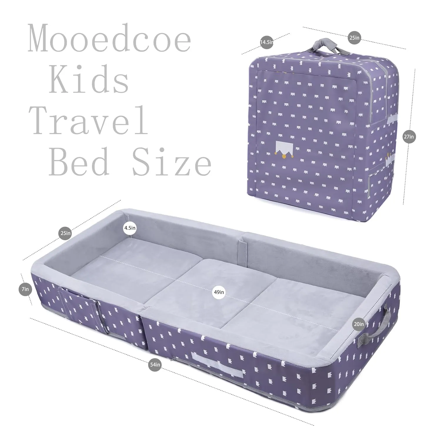Mooedcoe Portable Foldable Toddler Travel Bed with Sides, Folding Toddler Bed for Travel Kid Foam Sleeping Cot for Children 18M – 5yr Old(Rectangular, Crown)