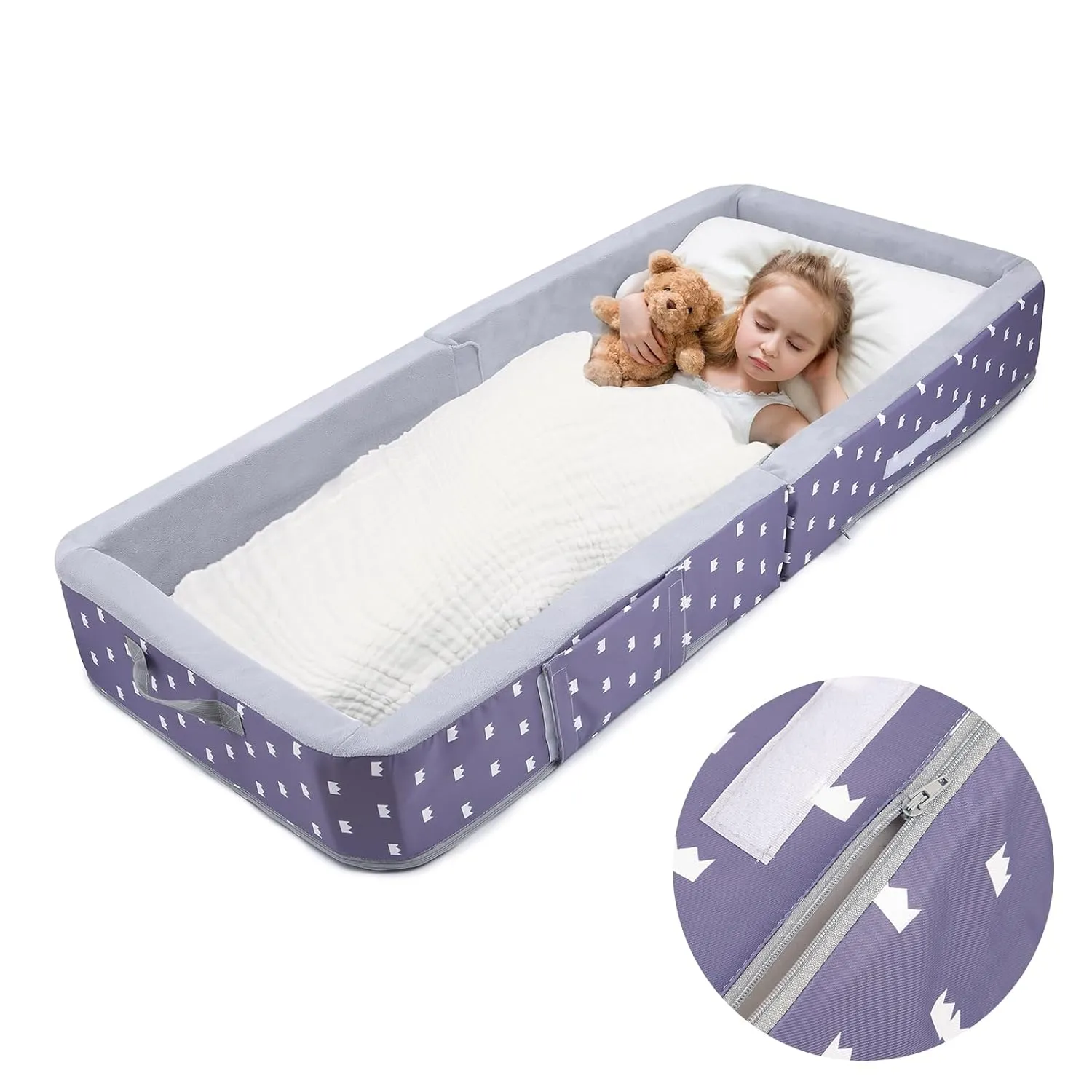 Mooedcoe Portable Foldable Toddler Travel Bed with Sides, Folding Toddler Bed for Travel Kid Foam Sleeping Cot for Children 18M – 5yr Old(Rectangular, Crown)