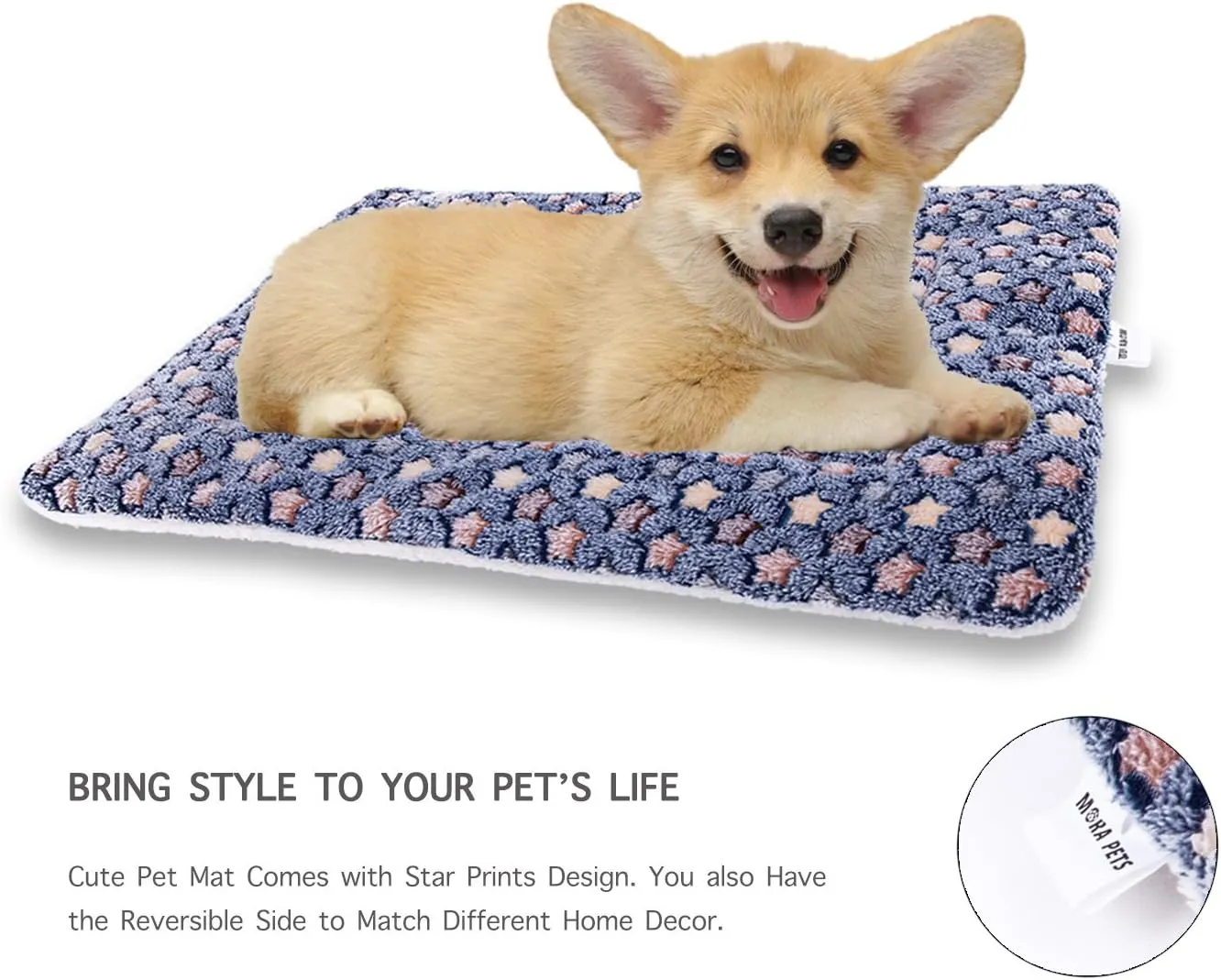 Mora Pets Dog Bed Crate Pad Ultra Soft Pet Bed with Cute Star Print Washable Crate Mat for Large Medium Small Dogs Reversible Fleece Dog Crate Kennel Mat Cat Bed Liner 21 x 12 inch Dark Blue