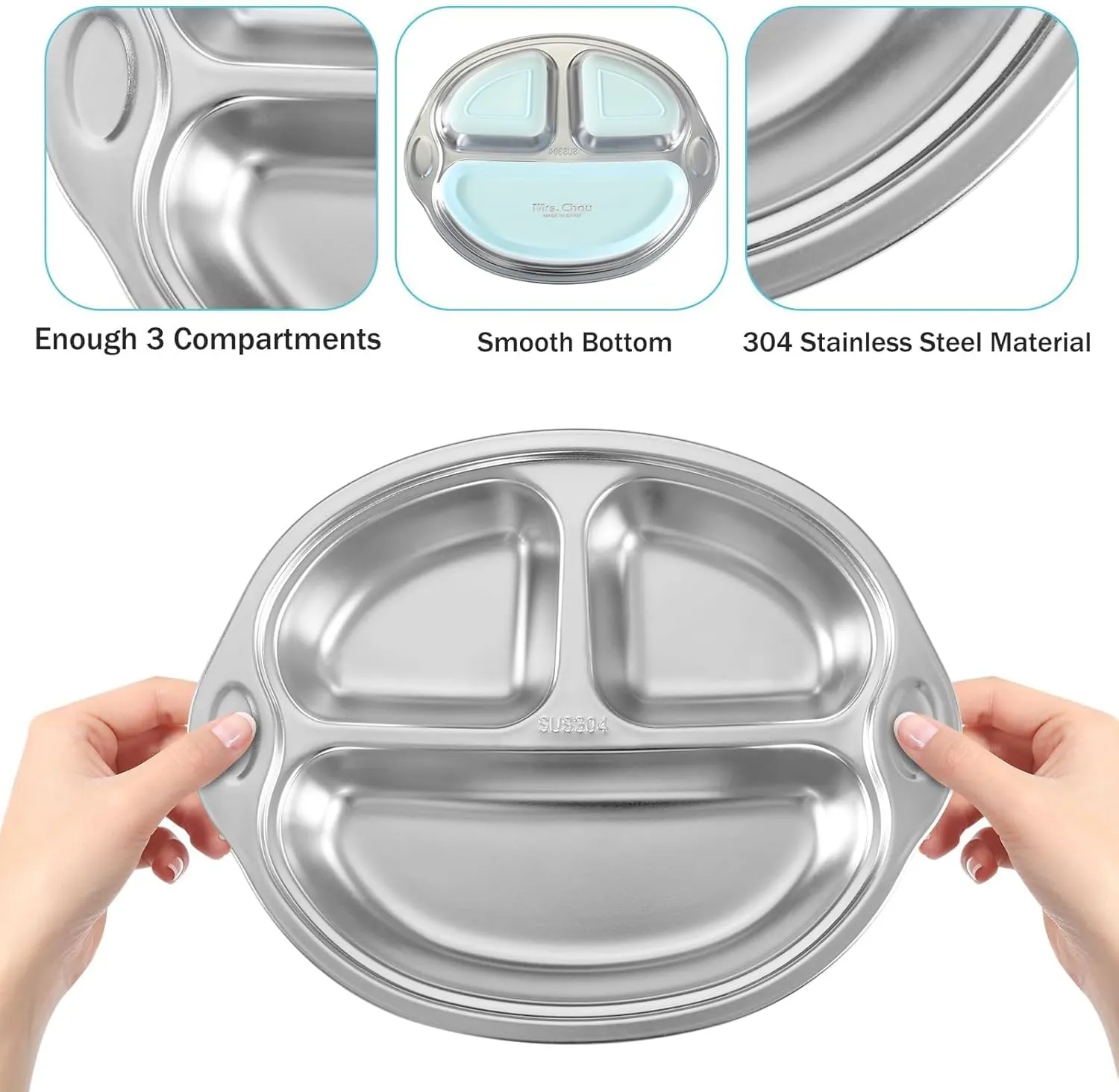 Mrs. Chou® BPA-Free 100% Food-Grade Stainless Steel Baby Plates with Suction Divided Designed for Babies and Toddlers, Ideal for Kids Infant Baby-Led Weaning Toddler Feeding Supplies Dishwasher Safe