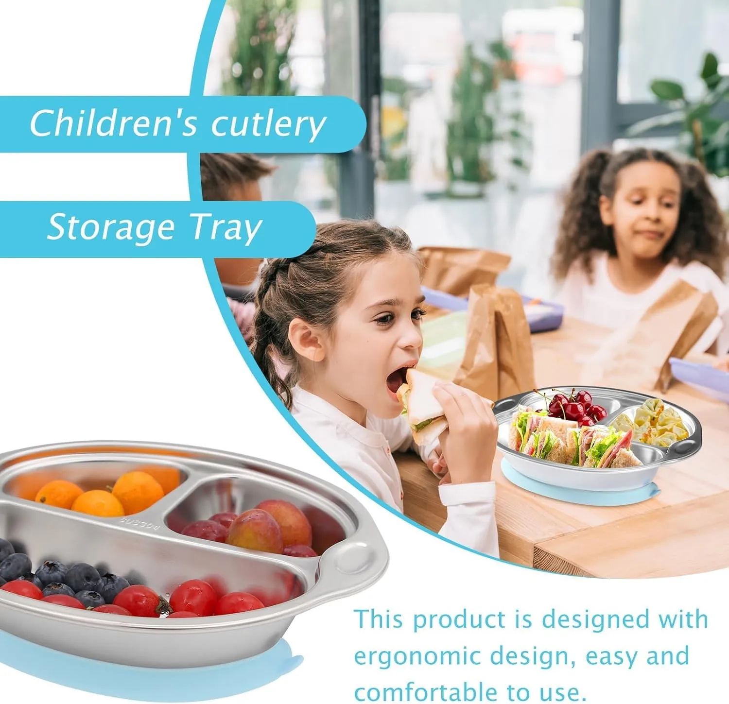 Mrs. Chou® BPA-Free 100% Food-Grade Stainless Steel Baby Plates with Suction Divided Designed for Babies and Toddlers, Ideal for Kids Infant Baby-Led Weaning Toddler Feeding Supplies Dishwasher Safe