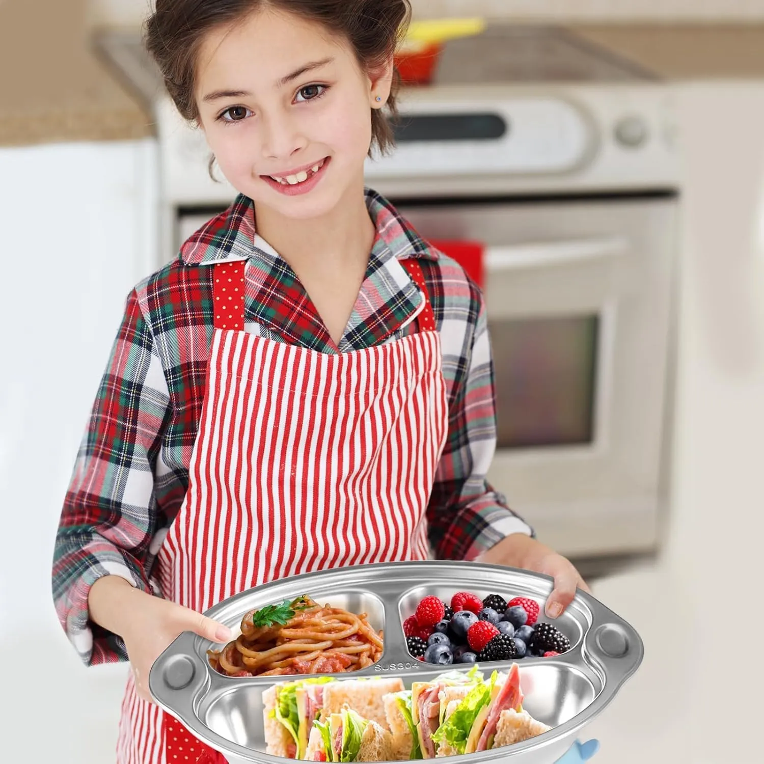 Mrs. Chou® BPA-Free 100% Food-Grade Stainless Steel Baby Plates with Suction Divided Designed for Babies and Toddlers, Ideal for Kids Infant Baby-Led Weaning Toddler Feeding Supplies Dishwasher Safe