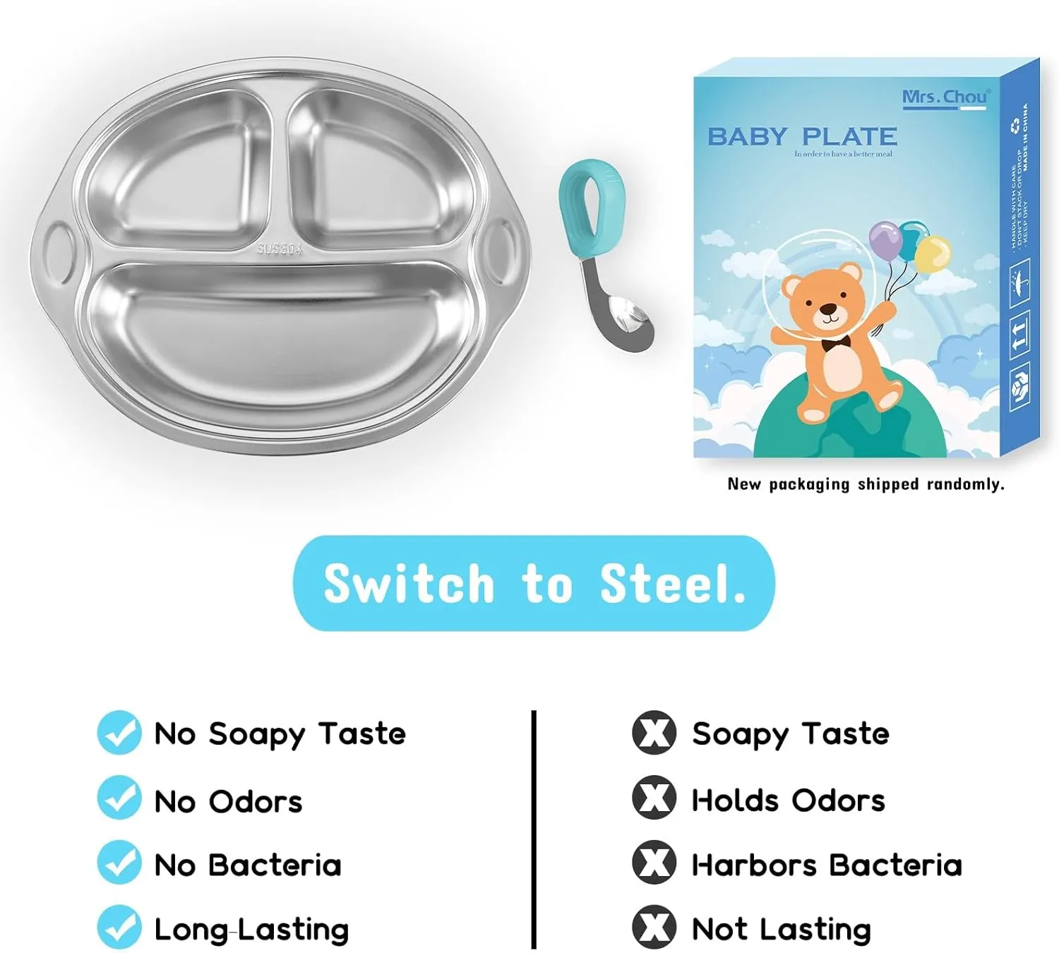 Mrs. Chou® BPA-Free 100% Food-Grade Stainless Steel Baby Plates with Suction Divided Designed for Babies and Toddlers, Ideal for Kids Infant Baby-Led Weaning Toddler Feeding Supplies Dishwasher Safe