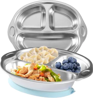 Mrs. Chou® BPA-Free 100% Food-Grade Stainless Steel Baby Plates with Suction Divided Designed for Babies and Toddlers, Ideal for Kids Infant Baby-Led Weaning Toddler Feeding Supplies Dishwasher Safe