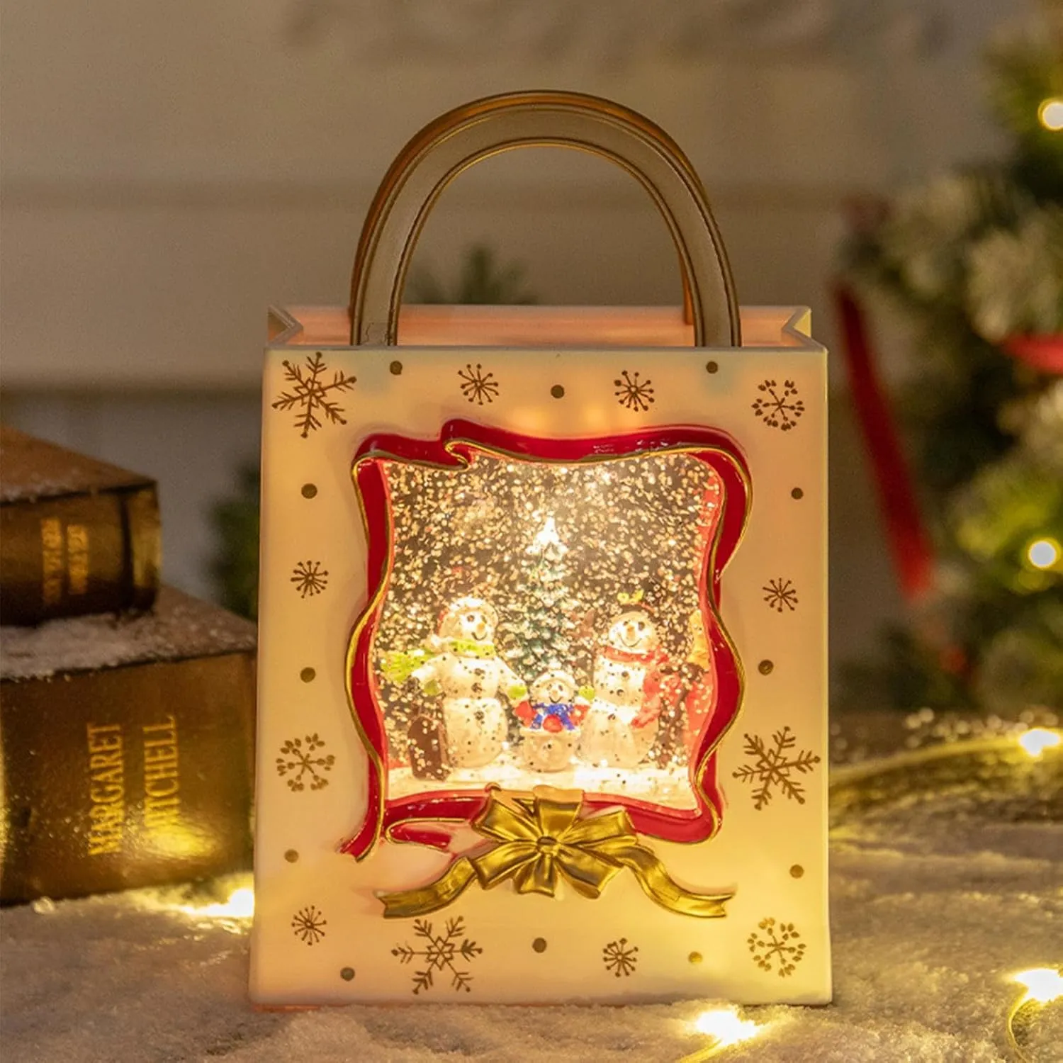 Musical Snow Globe Lantern - Battery Powered Handbag Electric Santa Snowman Snow Globe Night Light for Indoor Winter Holiday