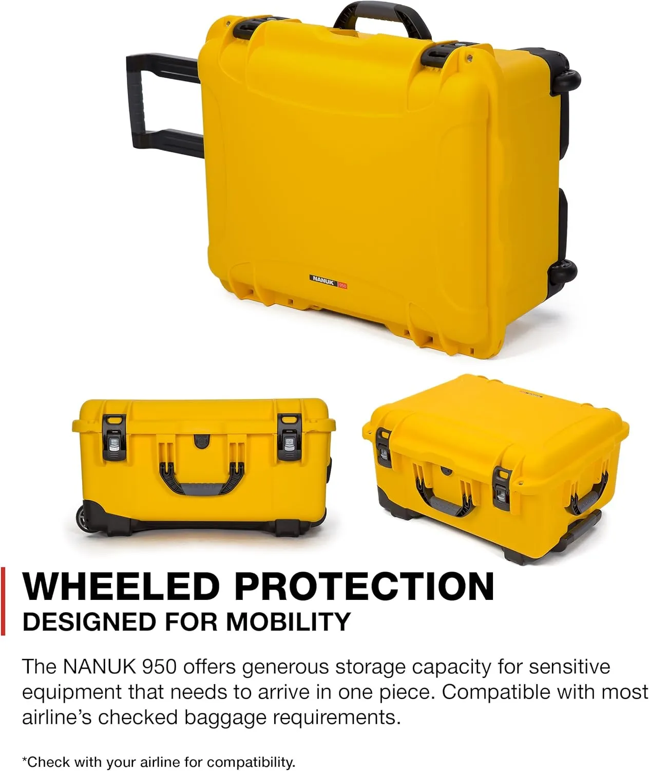 NANUK 950 Waterproof Hard Case with Wheels and Padded Divider - Yellow