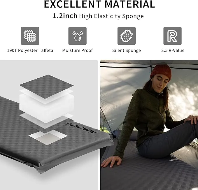 Naturehike Sleeping Pad, 1.2 inch Thick Self Inflating Sleeping Pad for Camping, Durable Camping Mattress Connectable with Multiple, Lightweight Sleeping Mats for Backpacking, Tent, Hammock, Hiking