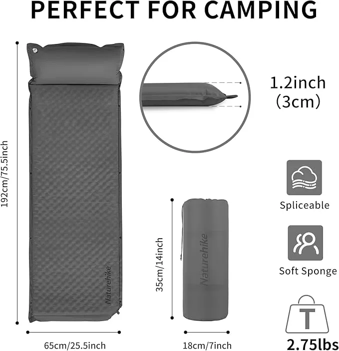 Naturehike Sleeping Pad, 1.2 inch Thick Self Inflating Sleeping Pad for Camping, Durable Camping Mattress Connectable with Multiple, Lightweight Sleeping Mats for Backpacking, Tent, Hammock, Hiking
