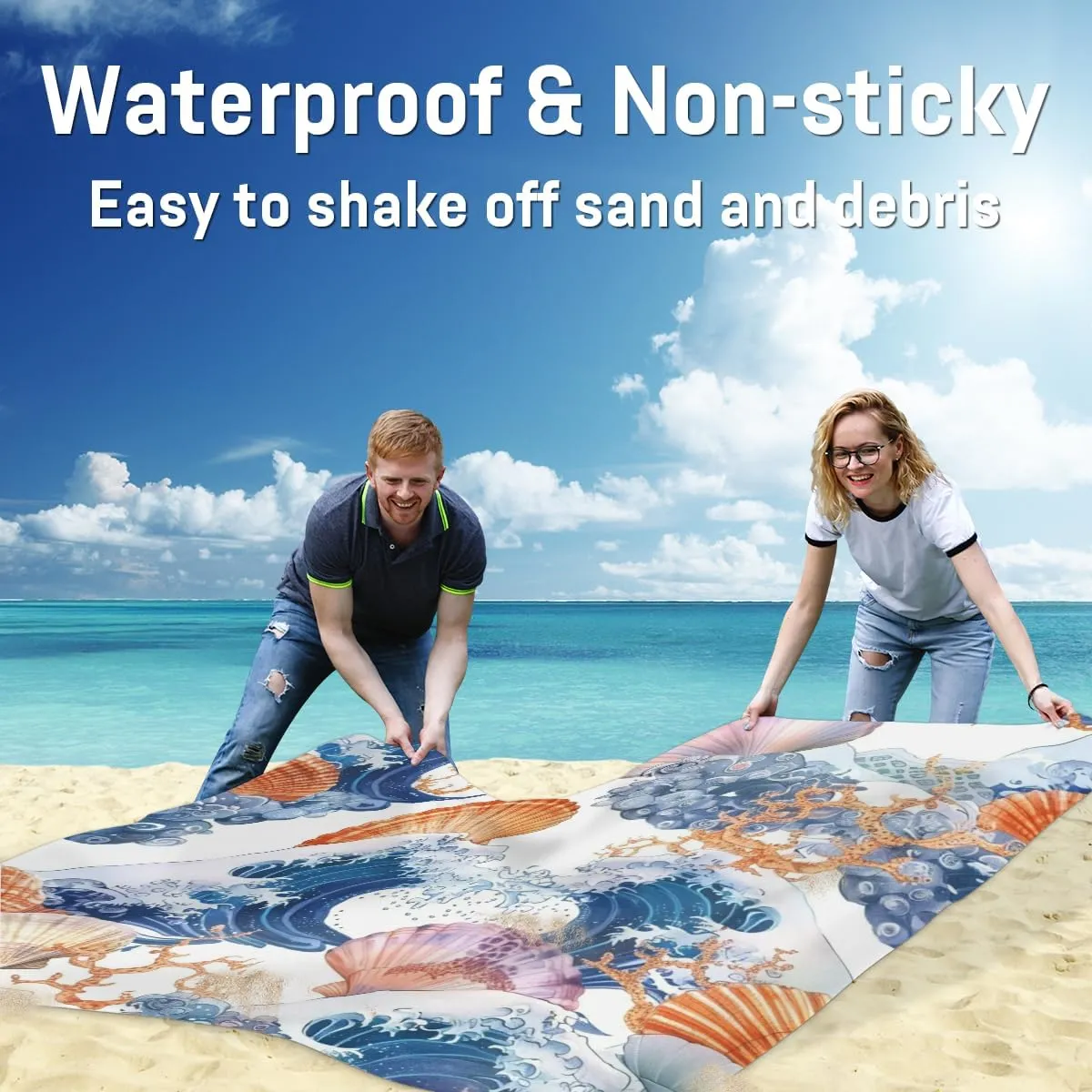 Nautical Coastal Beach Blanket, Sandproof Beach Mat, Adults Waterproof Quick Drying Sand Free Mat with 4 x Ground Spikes for Outdoor Travel Camping Hiking, Starfish Seashell