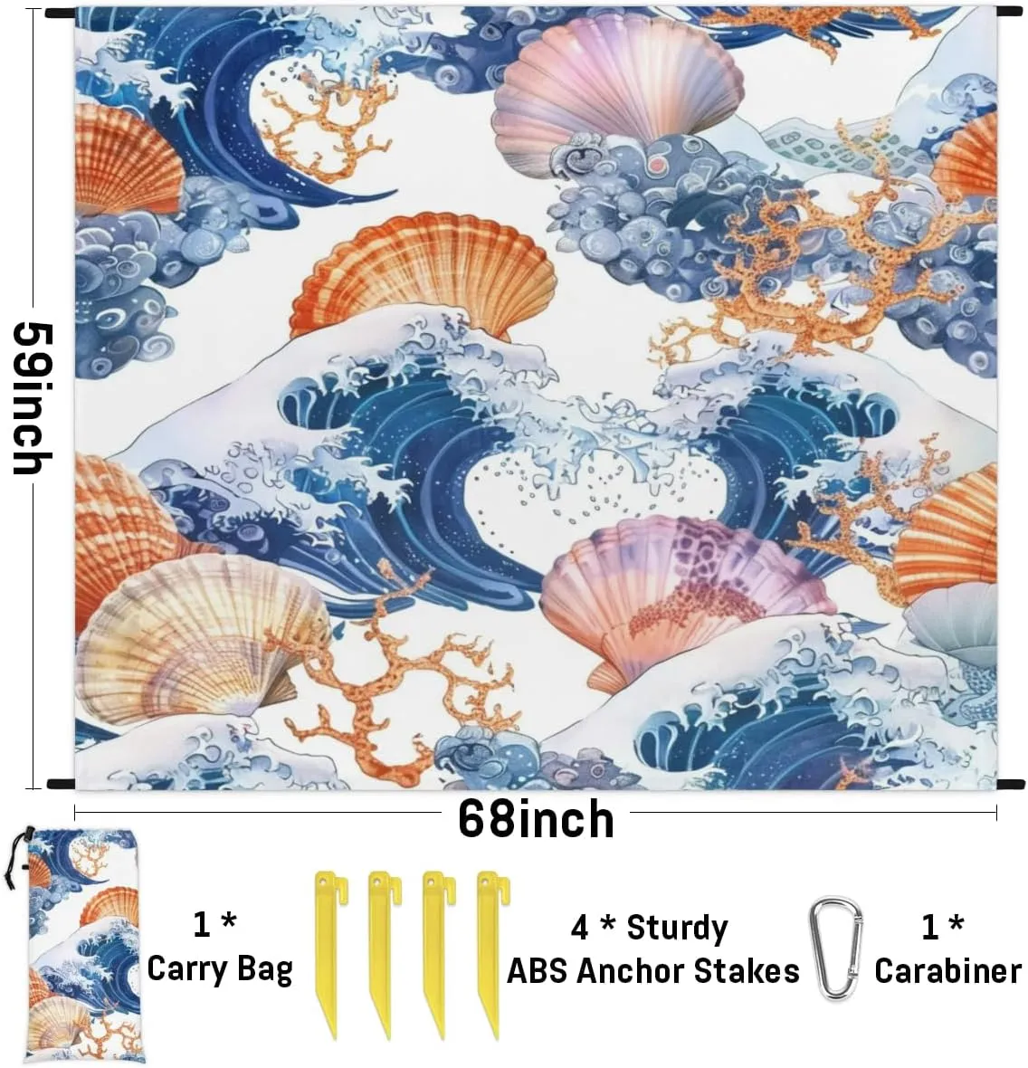 Nautical Coastal Beach Blanket, Sandproof Beach Mat, Adults Waterproof Quick Drying Sand Free Mat with 4 x Ground Spikes for Outdoor Travel Camping Hiking, Starfish Seashell