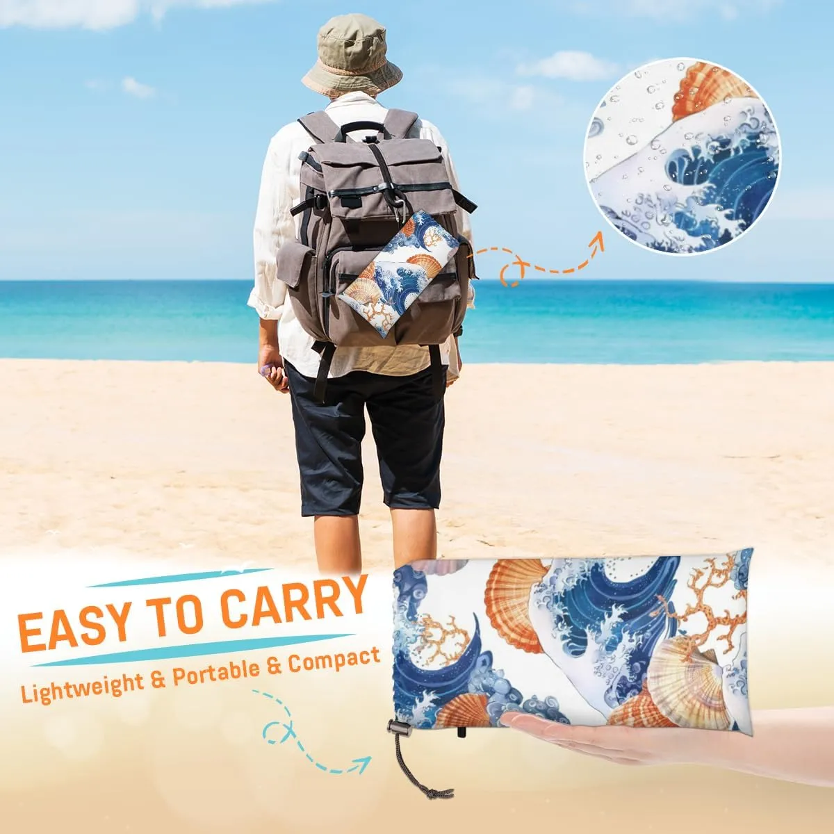 Nautical Coastal Beach Blanket, Sandproof Beach Mat, Adults Waterproof Quick Drying Sand Free Mat with 4 x Ground Spikes for Outdoor Travel Camping Hiking, Starfish Seashell