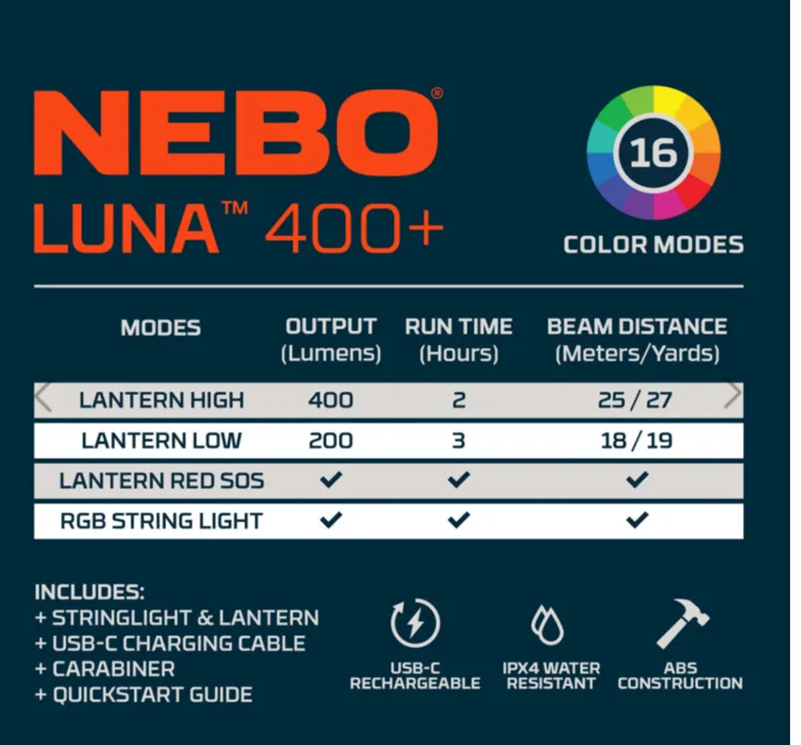 Nebo Luna 400  2-in-1: Lantern   Color String Light