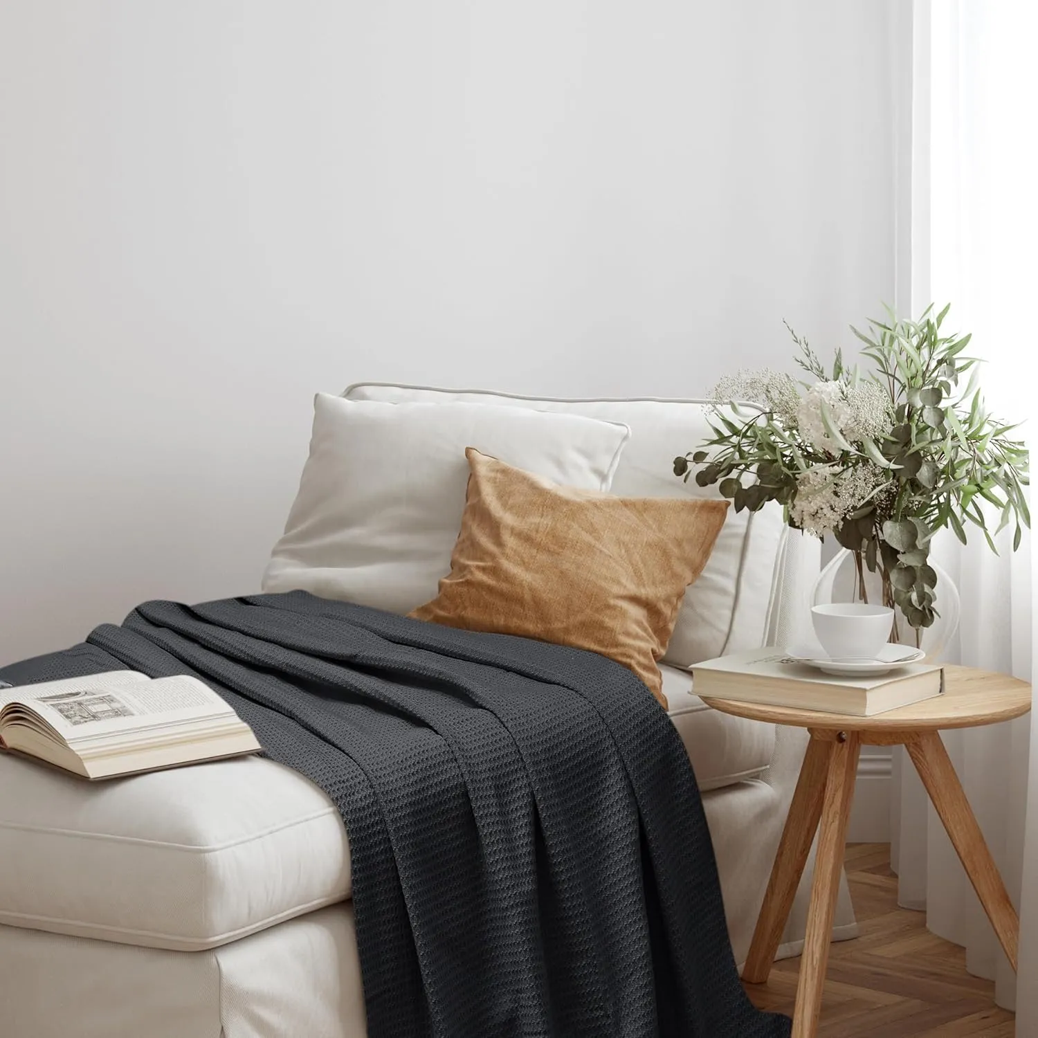 NesteriaHome 100% Cotton Blanket Waffle Weave Grey 405 GSM 90x90 Inches Soft Thermal Blanket Queen Size Lightweight, Breathable & Durable All Season Throw Blanket for Bed, Couches and Living Room