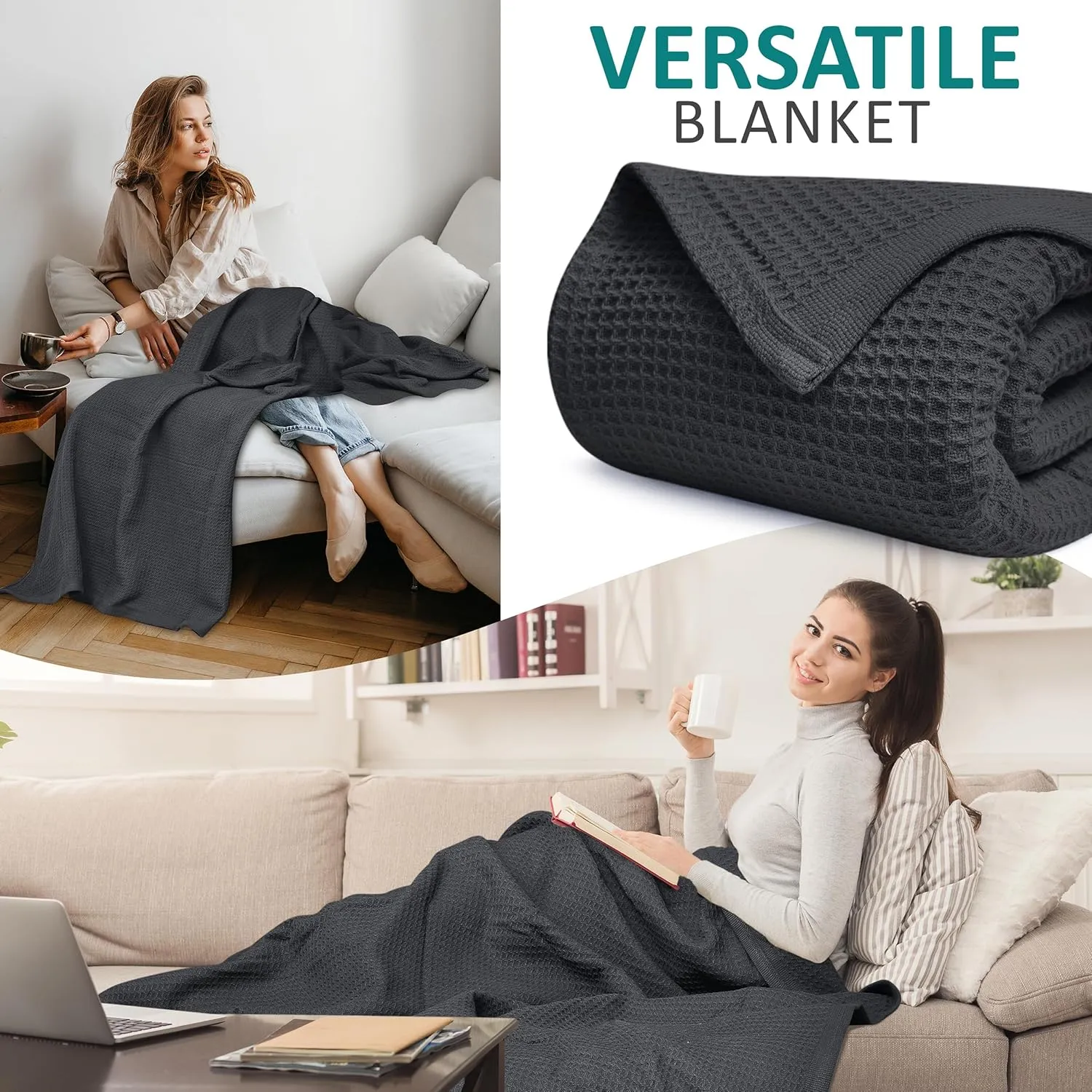 NesteriaHome 100% Cotton Blanket Waffle Weave Grey 405 GSM 90x90 Inches Soft Thermal Blanket Queen Size Lightweight, Breathable & Durable All Season Throw Blanket for Bed, Couches and Living Room