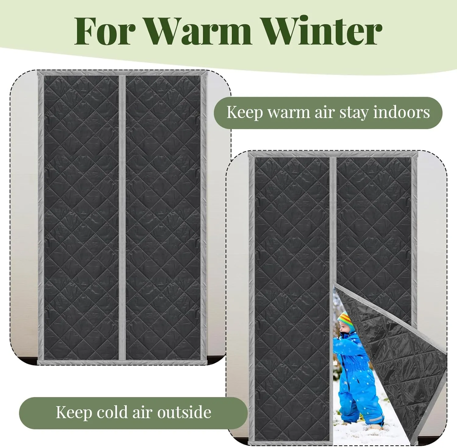 Newwiee 2 Pack Magnetic Thermal Insulated Door Curtain Winter Windproof Doorway Cover Curtain Visible Window Keep Warm Soundproof Blanket(Fits Door Size 44 x 80 Inch,Classic Gray)