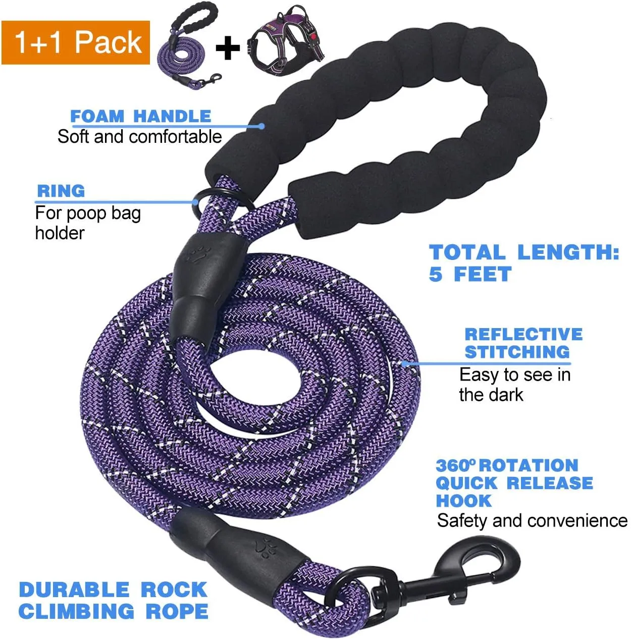 No Pull Dog Harness Adjustable Reflective Oxford Easy Control Medium Large Dog Harness with A Free Heavy Duty 5ft Dog Leash (M (Neck: 14.5"-20.5", Chest: 22"-28"), Purple Harness Leash)