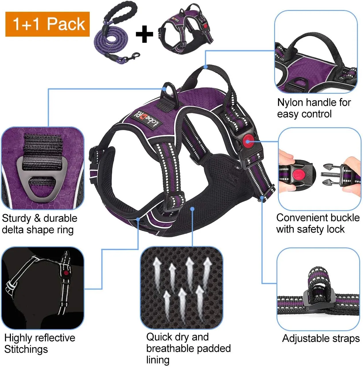 No Pull Dog Harness Adjustable Reflective Oxford Easy Control Medium Large Dog Harness with A Free Heavy Duty 5ft Dog Leash (M (Neck: 14.5"-20.5", Chest: 22"-28"), Purple Harness Leash)