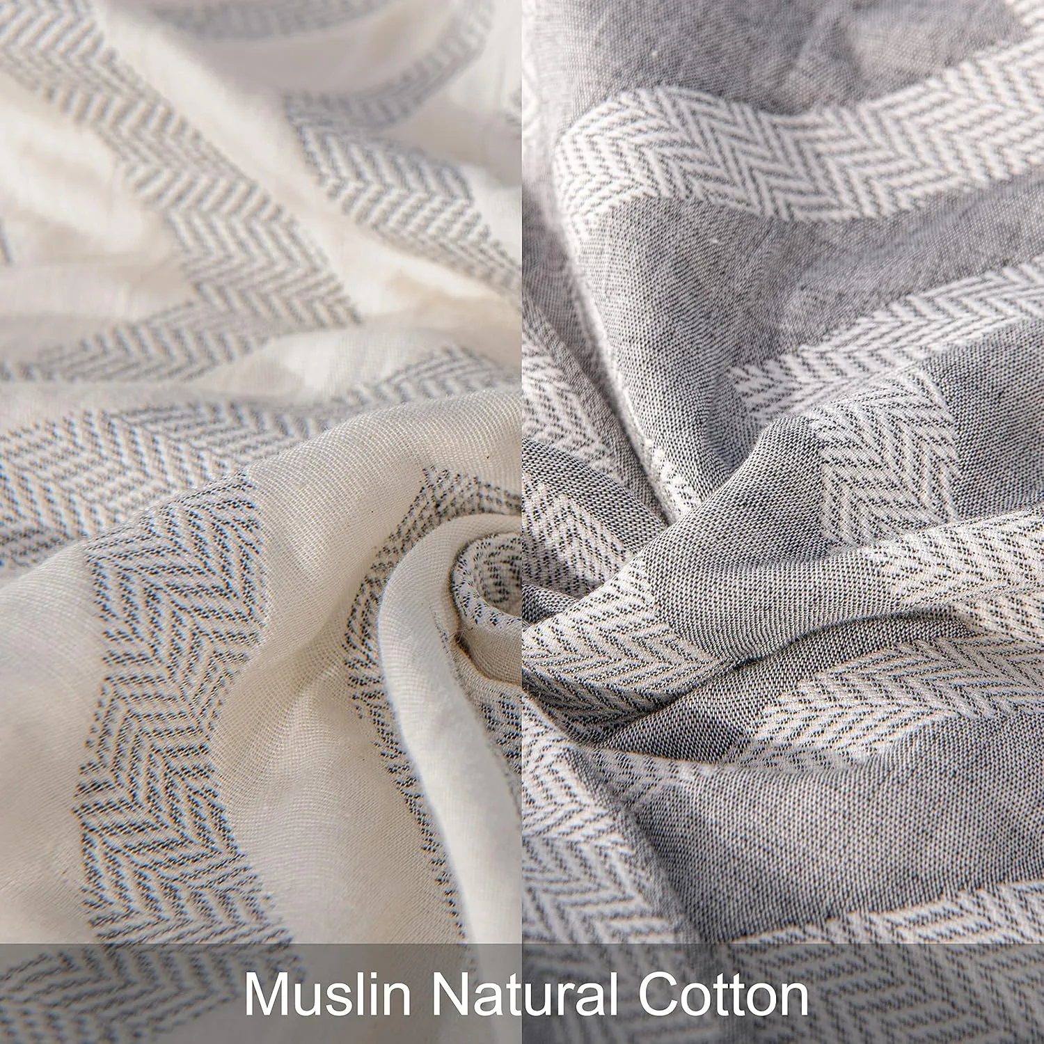 NTBAY 3 Layers Cotton Muslin 88x92 Queen Bed Blanket, Super Soft Breathable Thermal Yarn Dyed Quilt for Adults, Perfect Lightweight Blanket for Couch Sofa Bed All Seasons, Chevron
