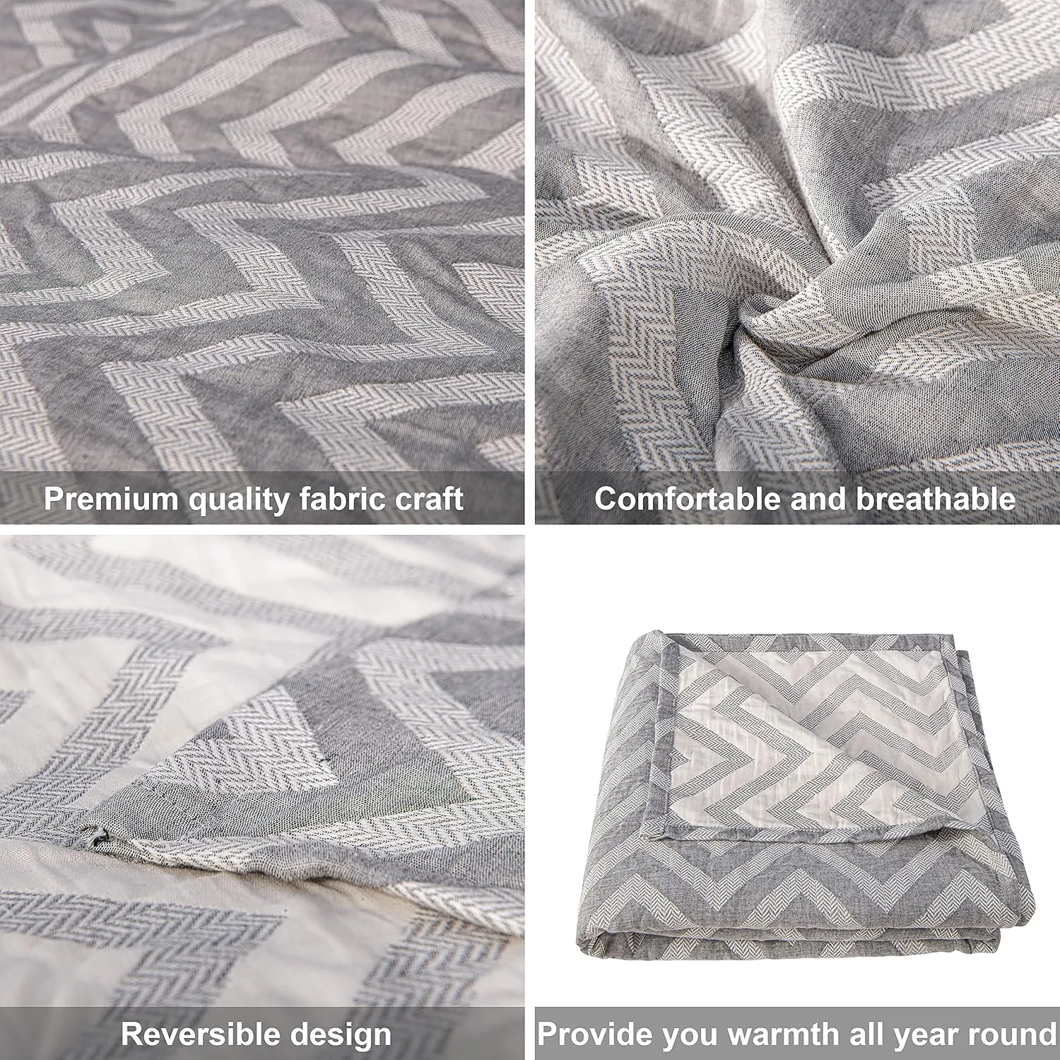 NTBAY 3 Layers Cotton Muslin 88x92 Queen Bed Blanket, Super Soft Breathable Thermal Yarn Dyed Quilt for Adults, Perfect Lightweight Blanket for Couch Sofa Bed All Seasons, Chevron