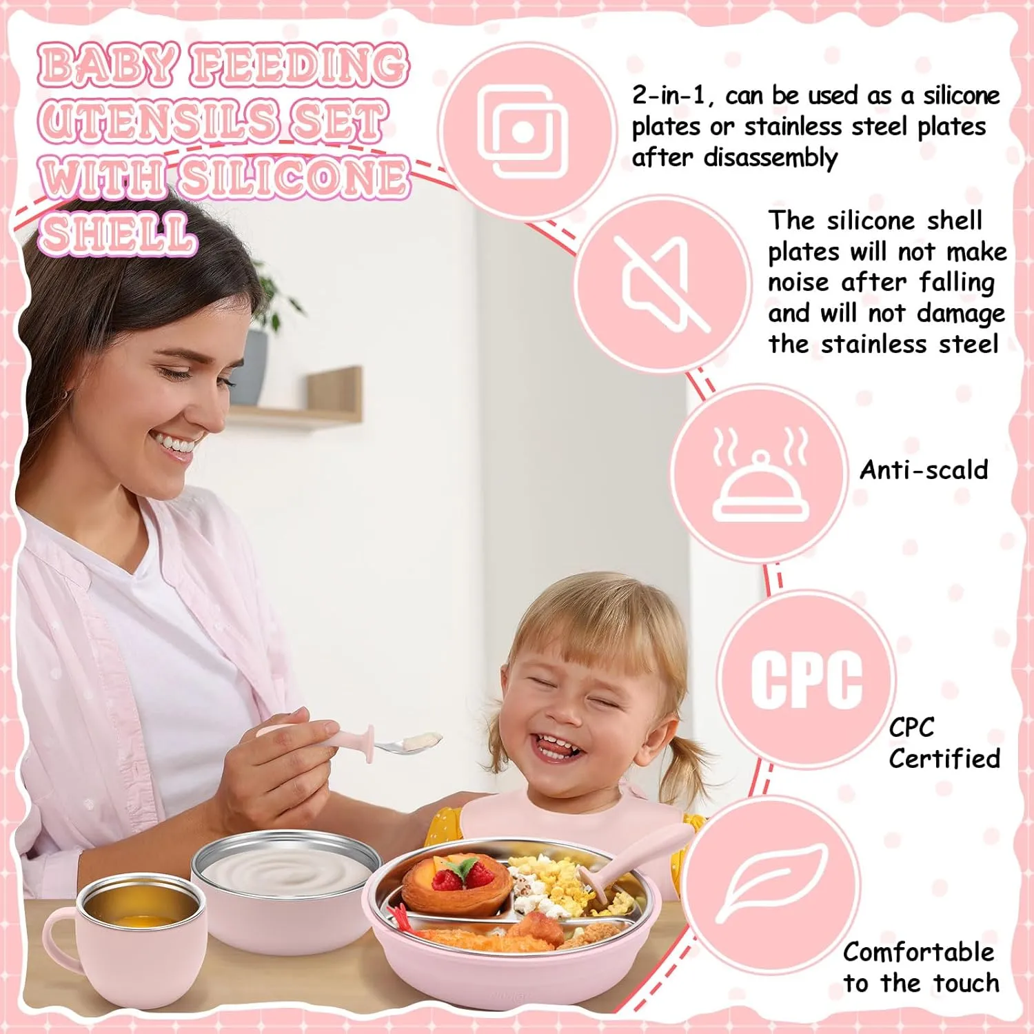 Nuogo 6 Pcs 304 Stainless Steel Kids Plates and Bowls Set Stainless Steel Suction Bowls and Toddler Cup with Removable Silicone, Forks Spoons Pocket Bib for Baby Toddle(Pink,Round)