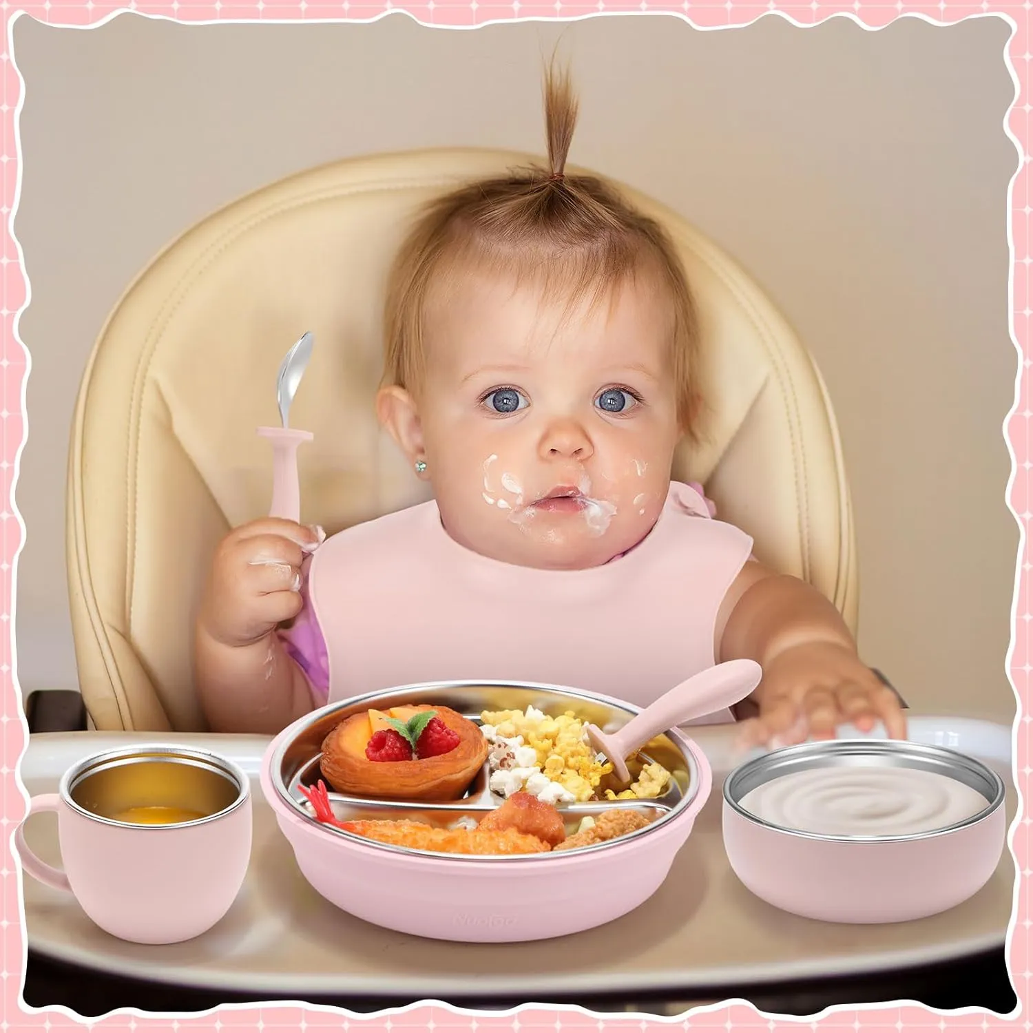 Nuogo 6 Pcs 304 Stainless Steel Kids Plates and Bowls Set Stainless Steel Suction Bowls and Toddler Cup with Removable Silicone, Forks Spoons Pocket Bib for Baby Toddle(Pink,Round)