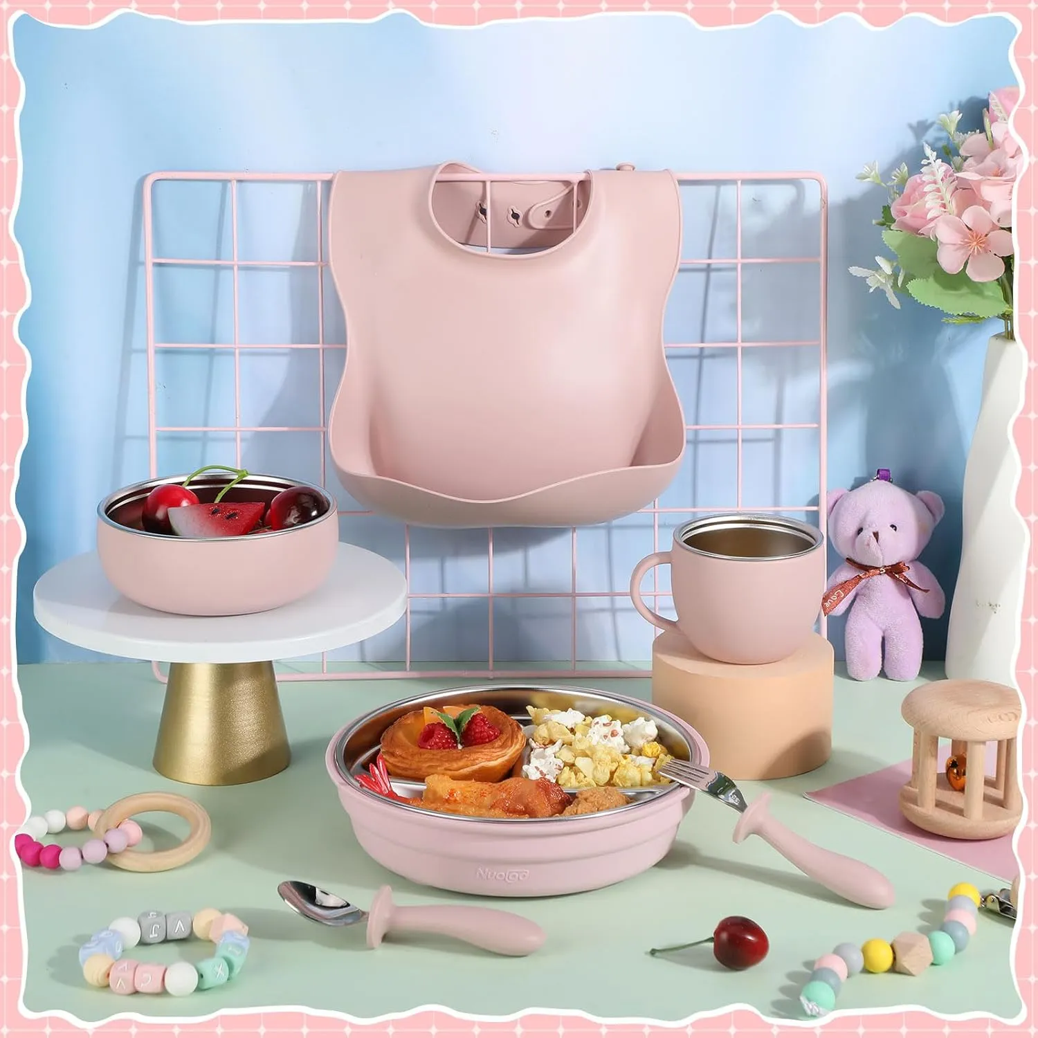 Nuogo 6 Pcs 304 Stainless Steel Kids Plates and Bowls Set Stainless Steel Suction Bowls and Toddler Cup with Removable Silicone, Forks Spoons Pocket Bib for Baby Toddle(Pink,Round)