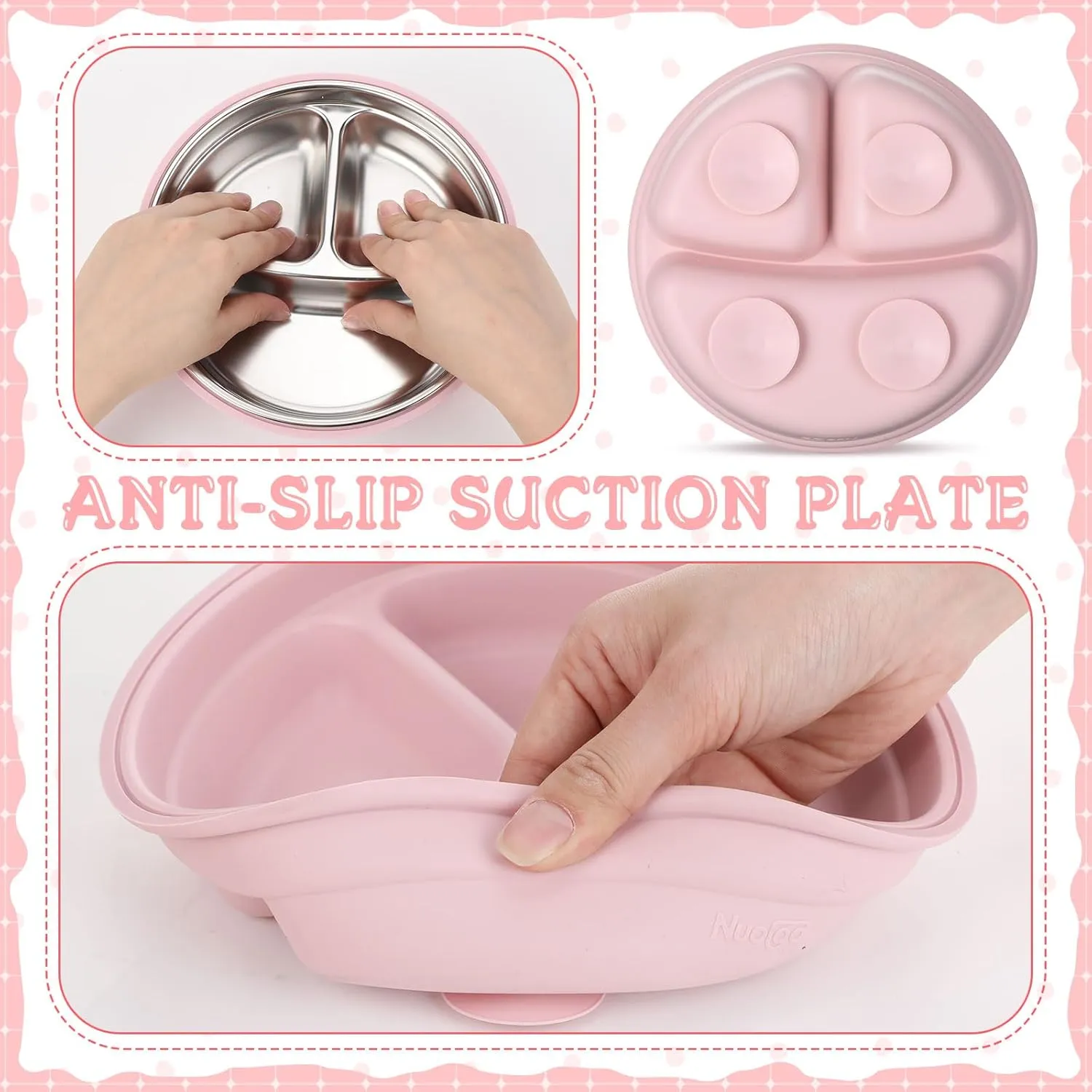 Nuogo 6 Pcs 304 Stainless Steel Kids Plates and Bowls Set Stainless Steel Suction Bowls and Toddler Cup with Removable Silicone, Forks Spoons Pocket Bib for Baby Toddle(Pink,Round)